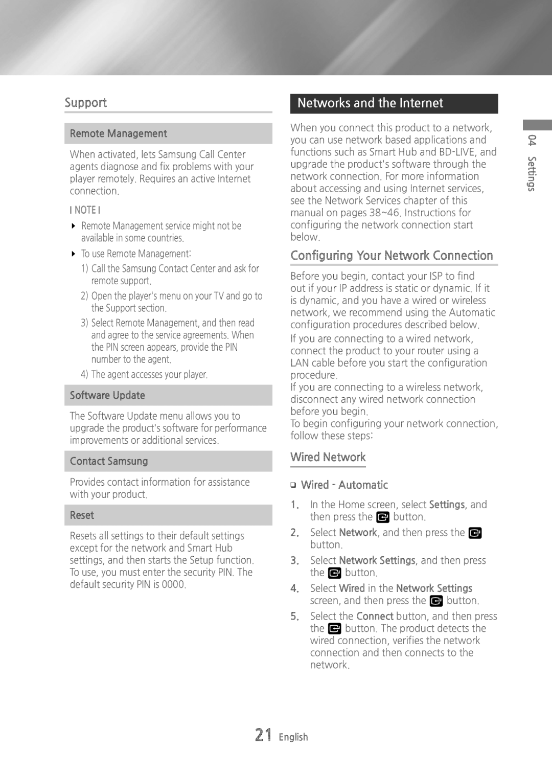 Samsung BDH6500 user manual Support, Networks and the Internet, Configuring Your Network Connection, Wired Network 