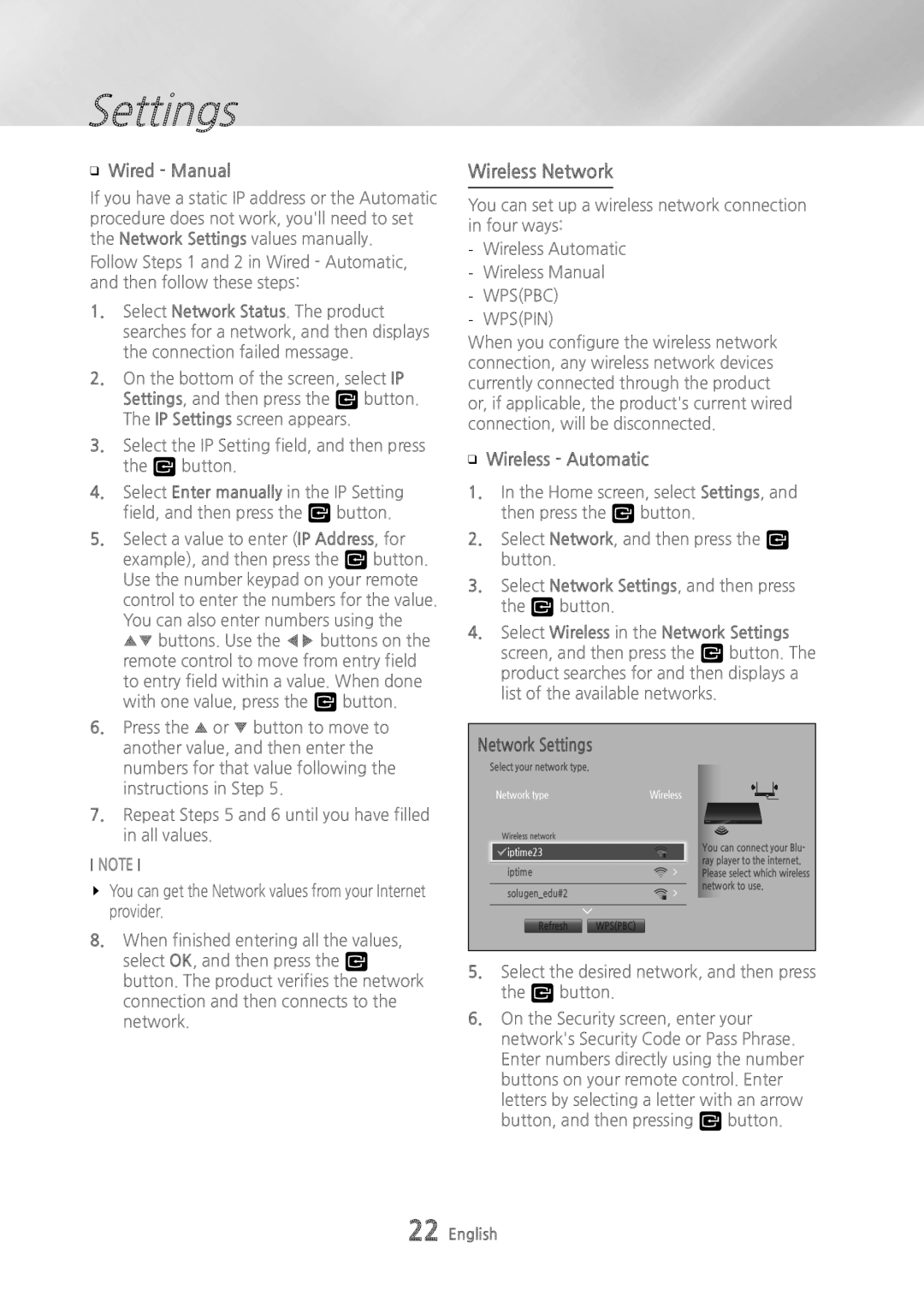 Samsung BDH6500 user manual Wireless Network, ĞĞ Wired Manual, ĞĞ Wireless Automatic 