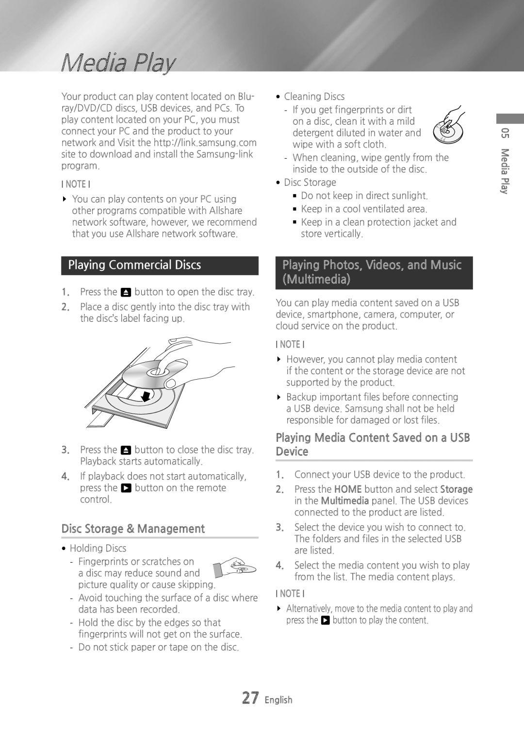 Samsung BDH6500 user manual Media Play, Playing Commercial Discs, Disc Storage & Management 