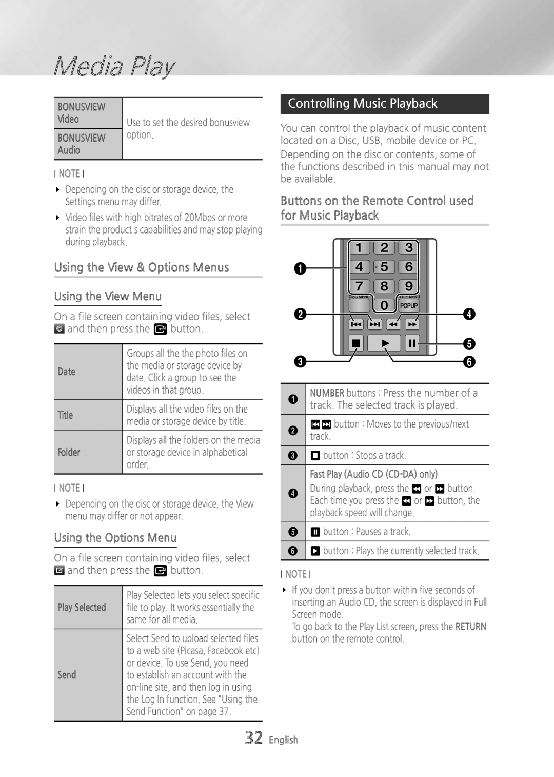 Samsung BDH6500 Using the View & Options Menus, Controlling Music Playback, Using the View Menu, Using the Options Menu 