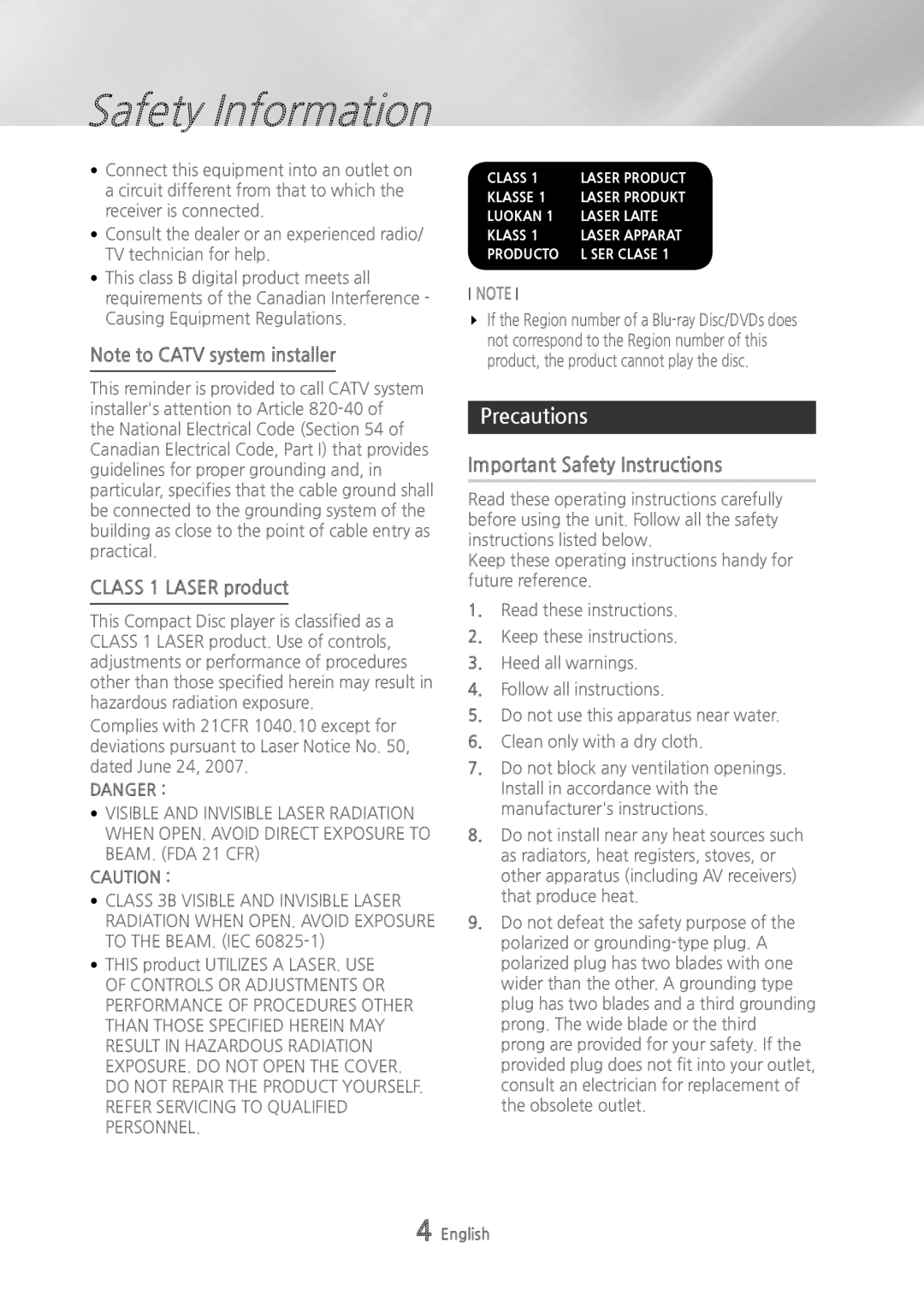 Samsung BDH6500 user manual Precautions, Important Safety Instructions, Class 1 Laser product 