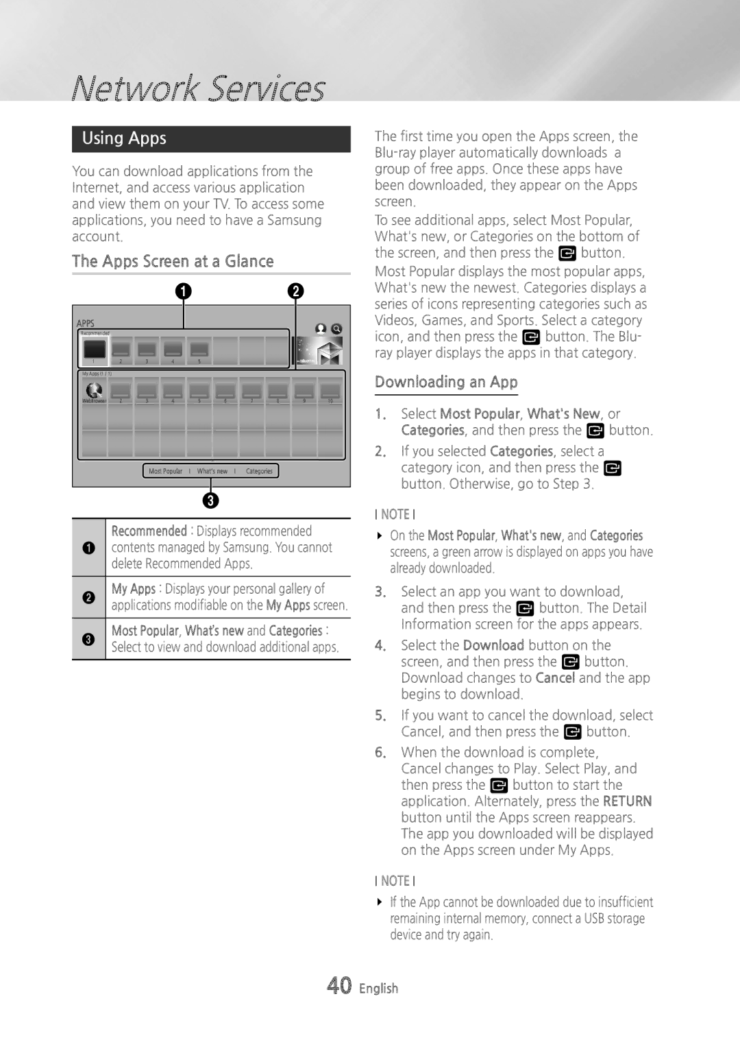 Samsung BDH6500 user manual Using Apps, Apps Screen at a Glance, Downloading an App, Recommended Displays recommended 