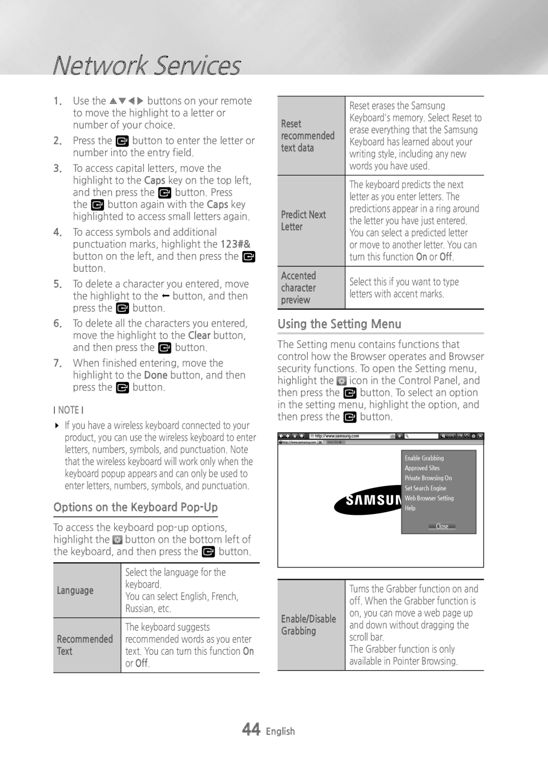 Samsung BDH6500 user manual Using the Setting Menu, Options on the Keyboard Pop-Up 