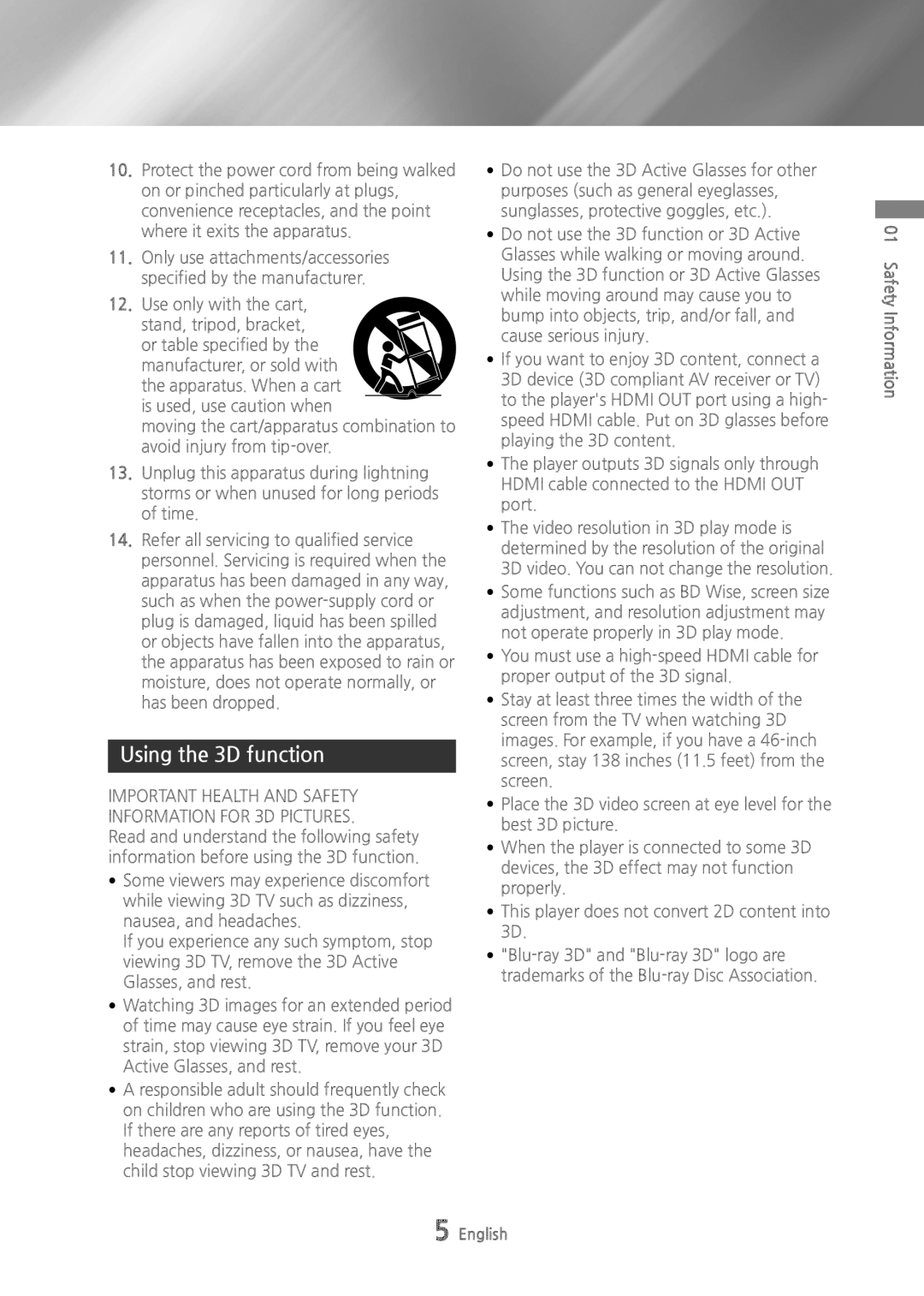 Samsung BDH6500 user manual Using the 3D function, Use only with the cart 