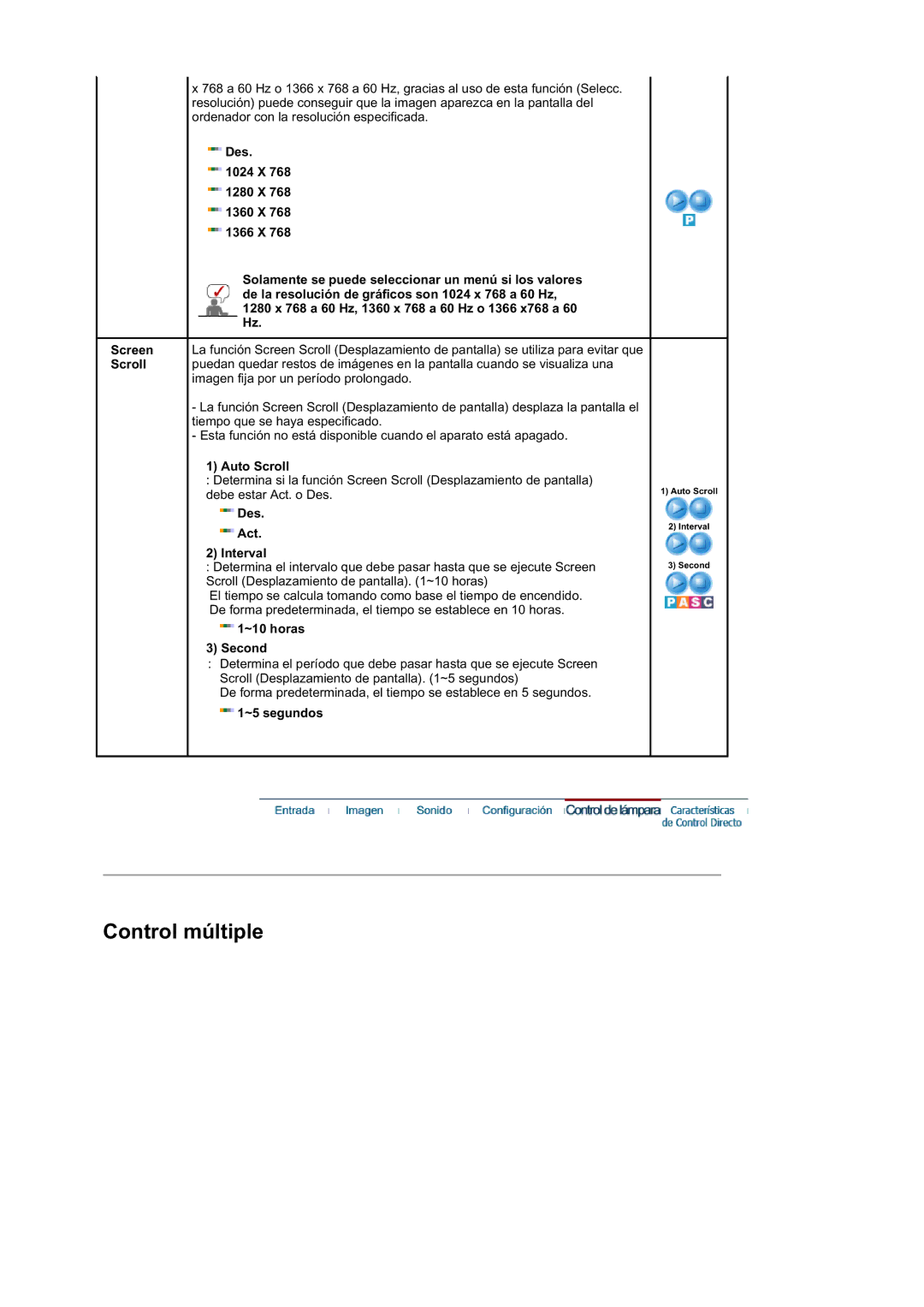 Samsung BE40PSNS/EDC, BE40TSNS/EDC, LS40BEPNSF/EDC manual Auto Scroll, Des Act Interval, ~10 horas Second, ~5 segundos 