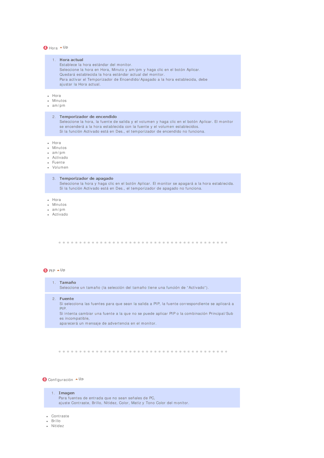 Samsung LS40BEPNSF/EDC manual Hora actual, Temporizador de encendido, Temporizador de apagado, Tamaño, Fuente, Imagen 