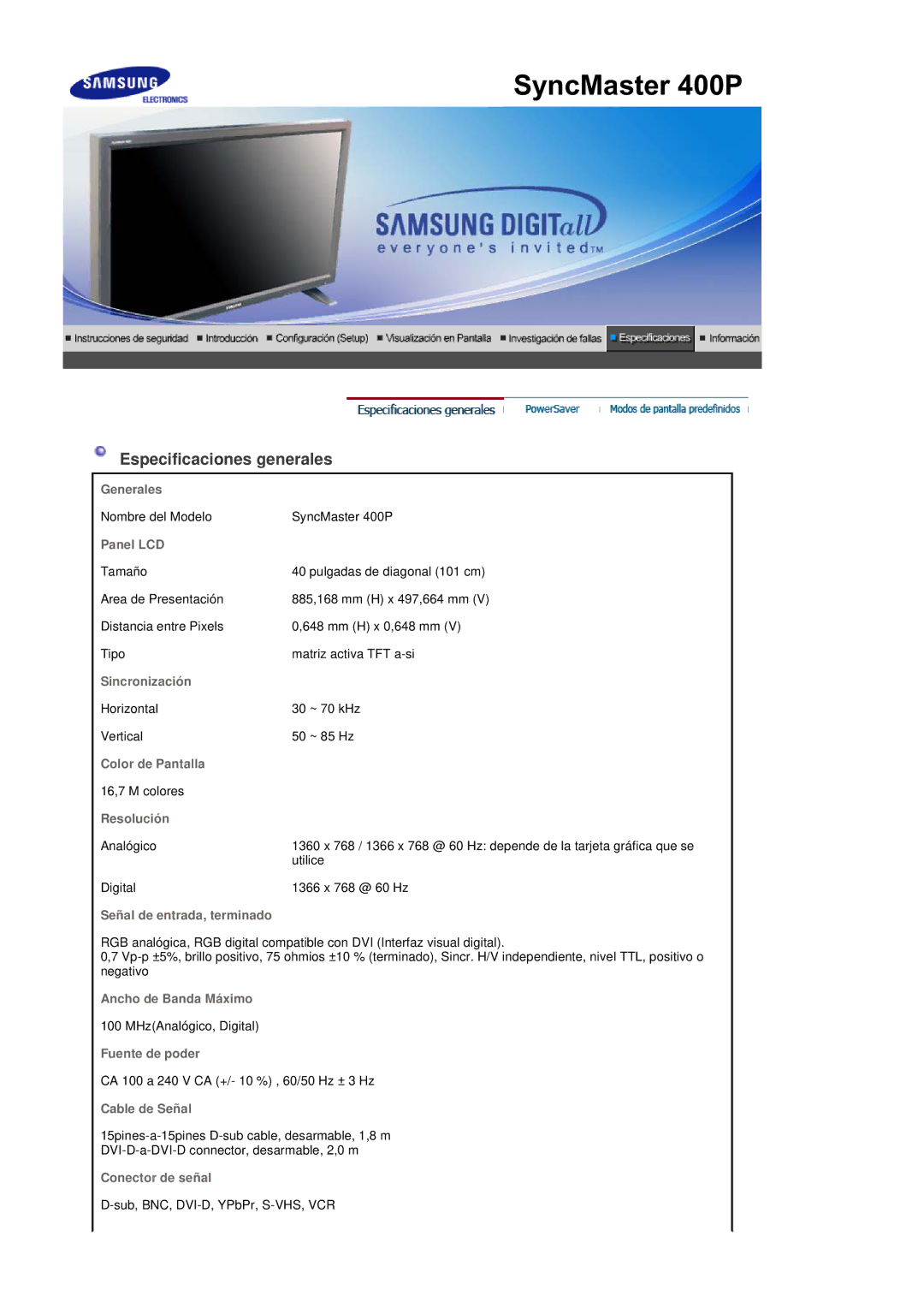 Samsung LS40BEPNSF/EDC, BE40PSNS/EDC, BE40TSNS/EDC manual Nombre del Modelo SyncMaster 400P 