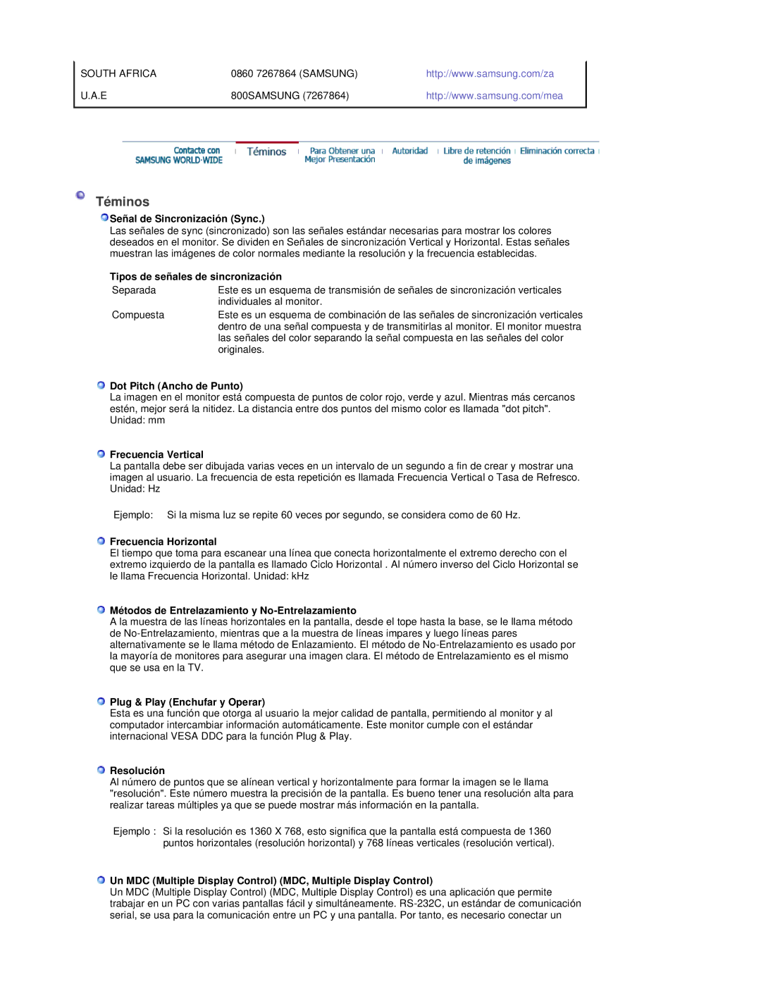 Samsung BE40TSNS/EDC manual Señal de Sincronización Sync, Tipos de señales de sincronización, Dot Pitch Ancho de Punto 