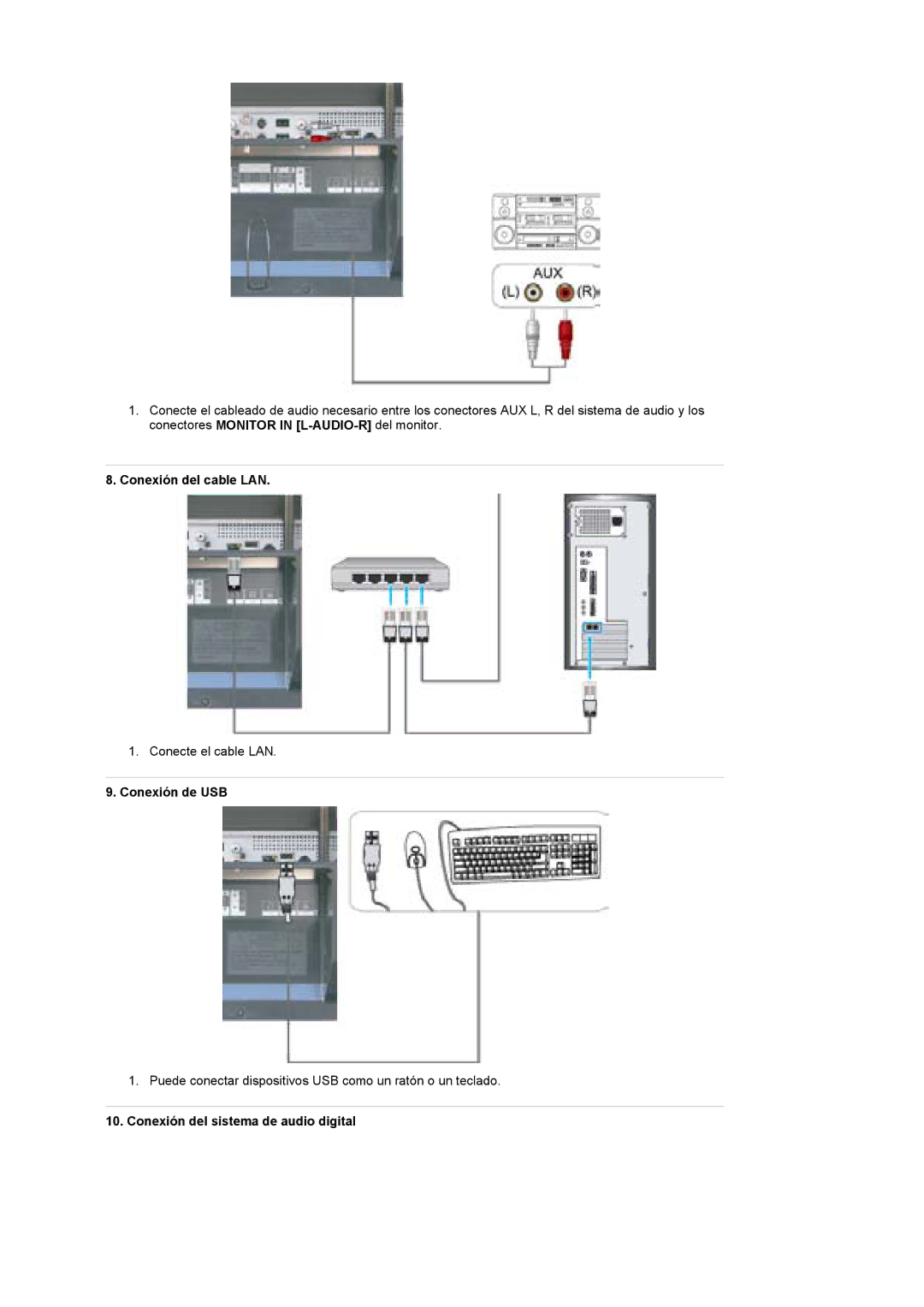 Samsung BE40PSNS/EDC, BE40TSNS/EDC manual Conexión del cable LAN, Conexión de USB, Conexión del sistema de audio digital 