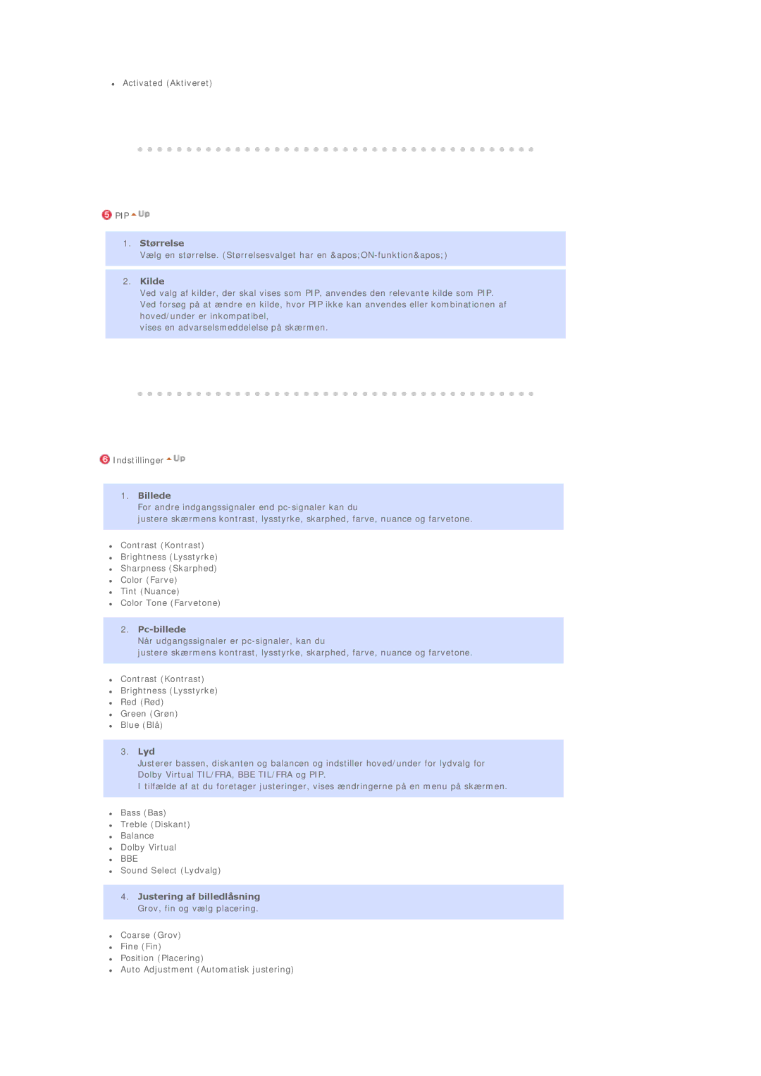 Samsung BE40PSNS/EDC, BE40TSNS/EDC, LS40BEPNSF/EDC manual Størrelse, Kilde, Billede, Pc-billede, Lyd 