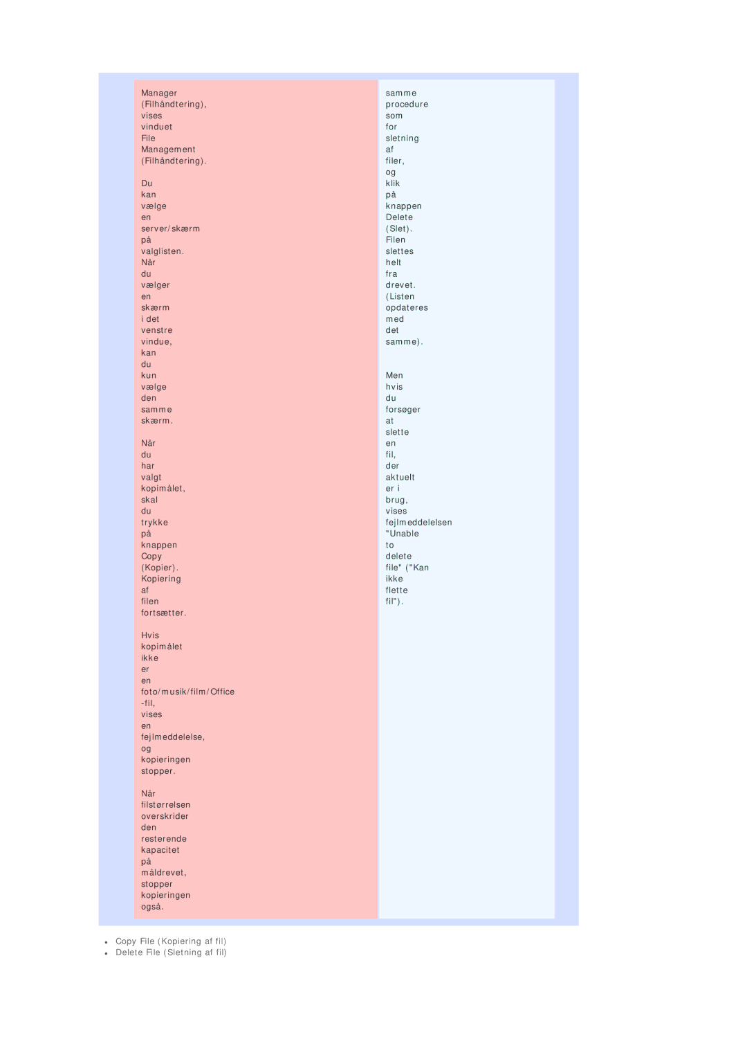 Samsung BE40TSNS/EDC, BE40PSNS/EDC, LS40BEPNSF/EDC manual Copy File Kopiering af fil Delete File Sletning af fil 