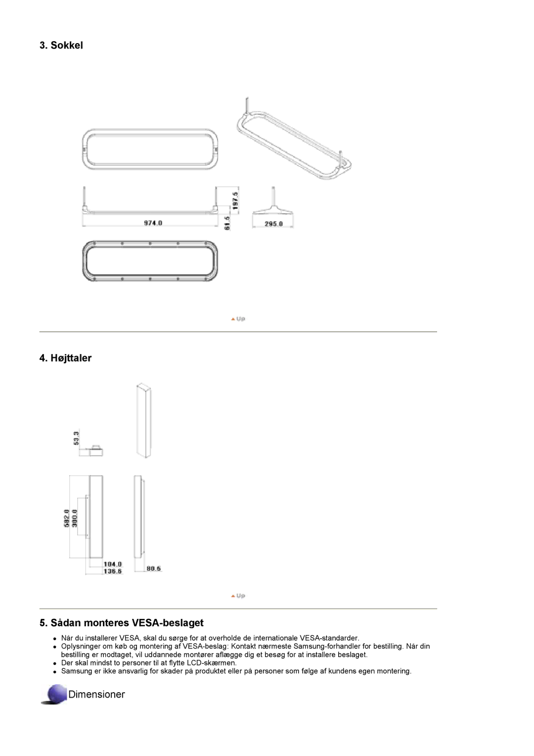 Samsung BE40TSNS/EDC, BE40PSNS/EDC, LS40BEPNSF/EDC manual Sokkel Højttaler Sådan monteres VESA-beslaget 