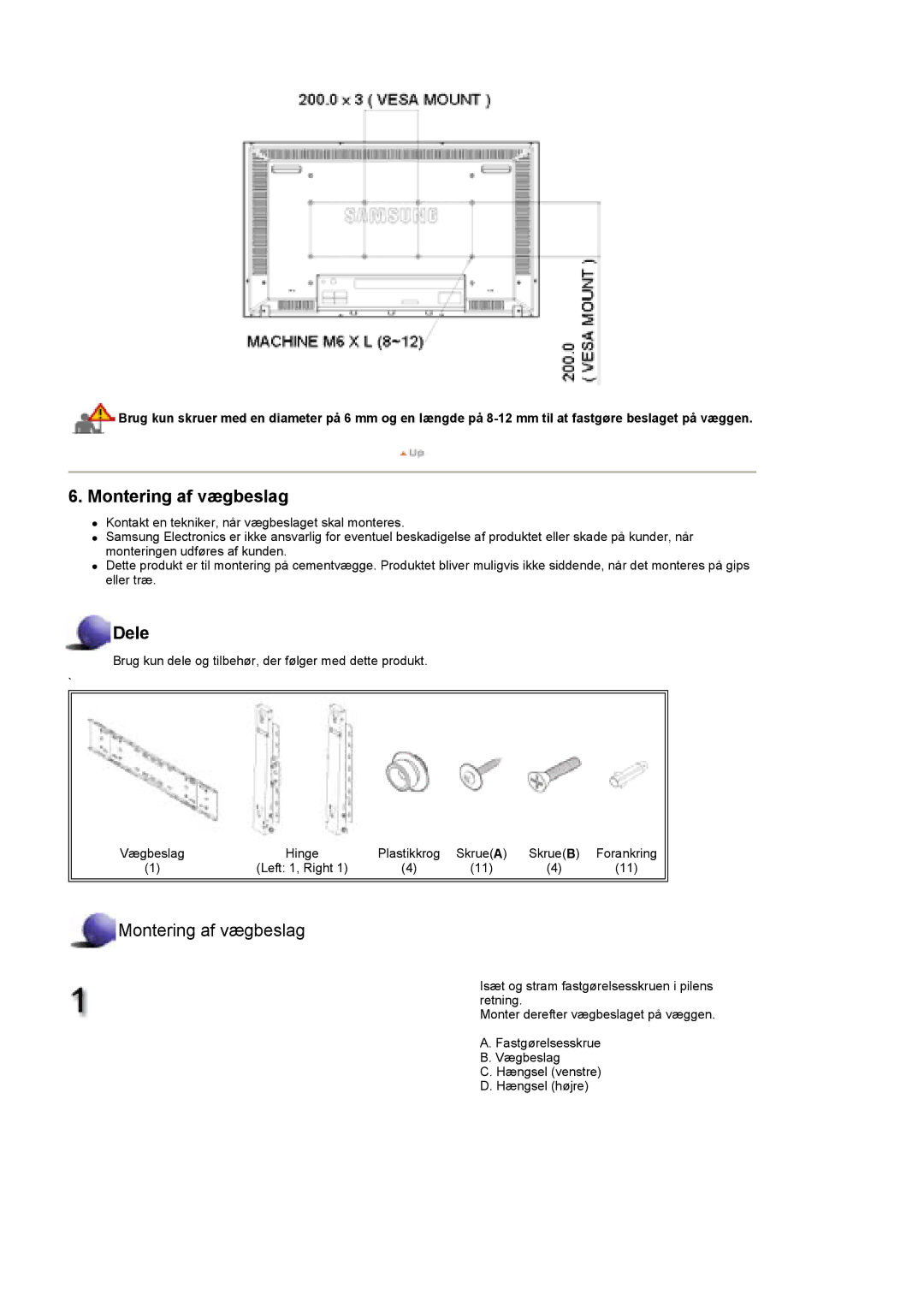 Samsung LS40BEPNSF/EDC, BE40PSNS/EDC, BE40TSNS/EDC manual Montering af vægbeslag 