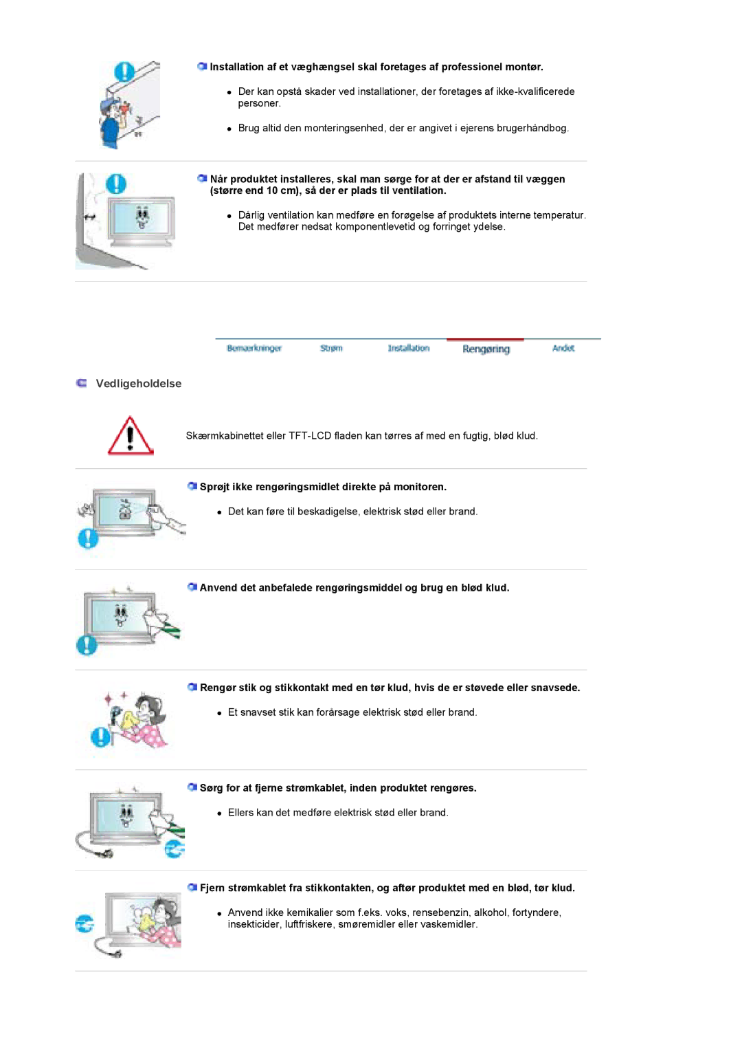 Samsung LS40BEPNSF/EDC, BE40PSNS/EDC, BE40TSNS/EDC manual Sprøjt ikke rengøringsmidlet direkte på monitoren 