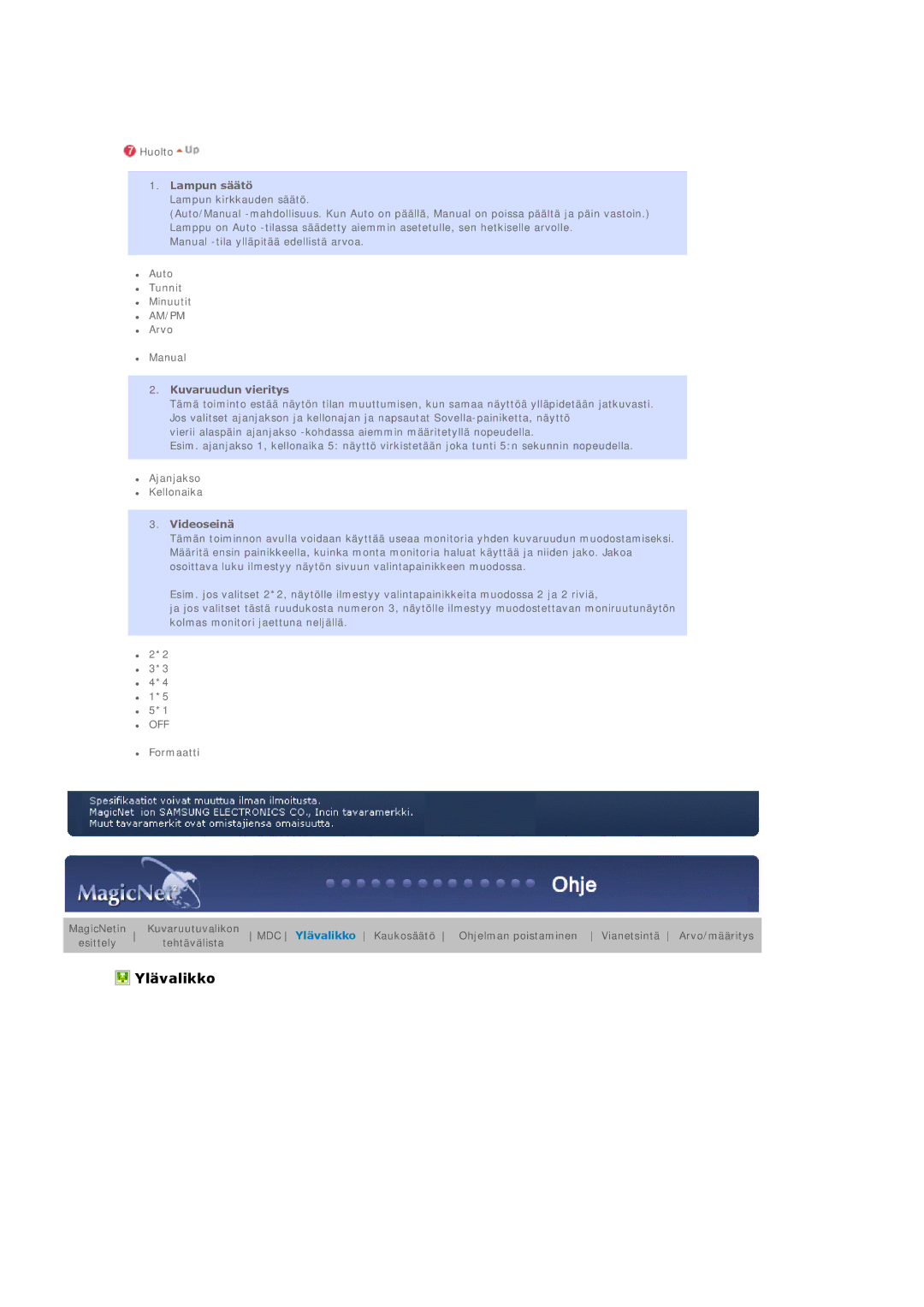 Samsung BE40PSNS/EDC, BE40TSNS/EDC, LS40BEPNSF/EDC manual Lampun säätö, Kuvaruudun vieritys, Videoseinä 