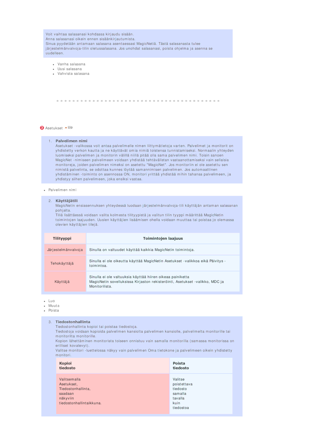 Samsung LS40BEPNSF/EDC, BE40PSNS/EDC, BE40TSNS/EDC manual Palvelimen nimi, Käyttäjätili, Tiedostonhallinta 