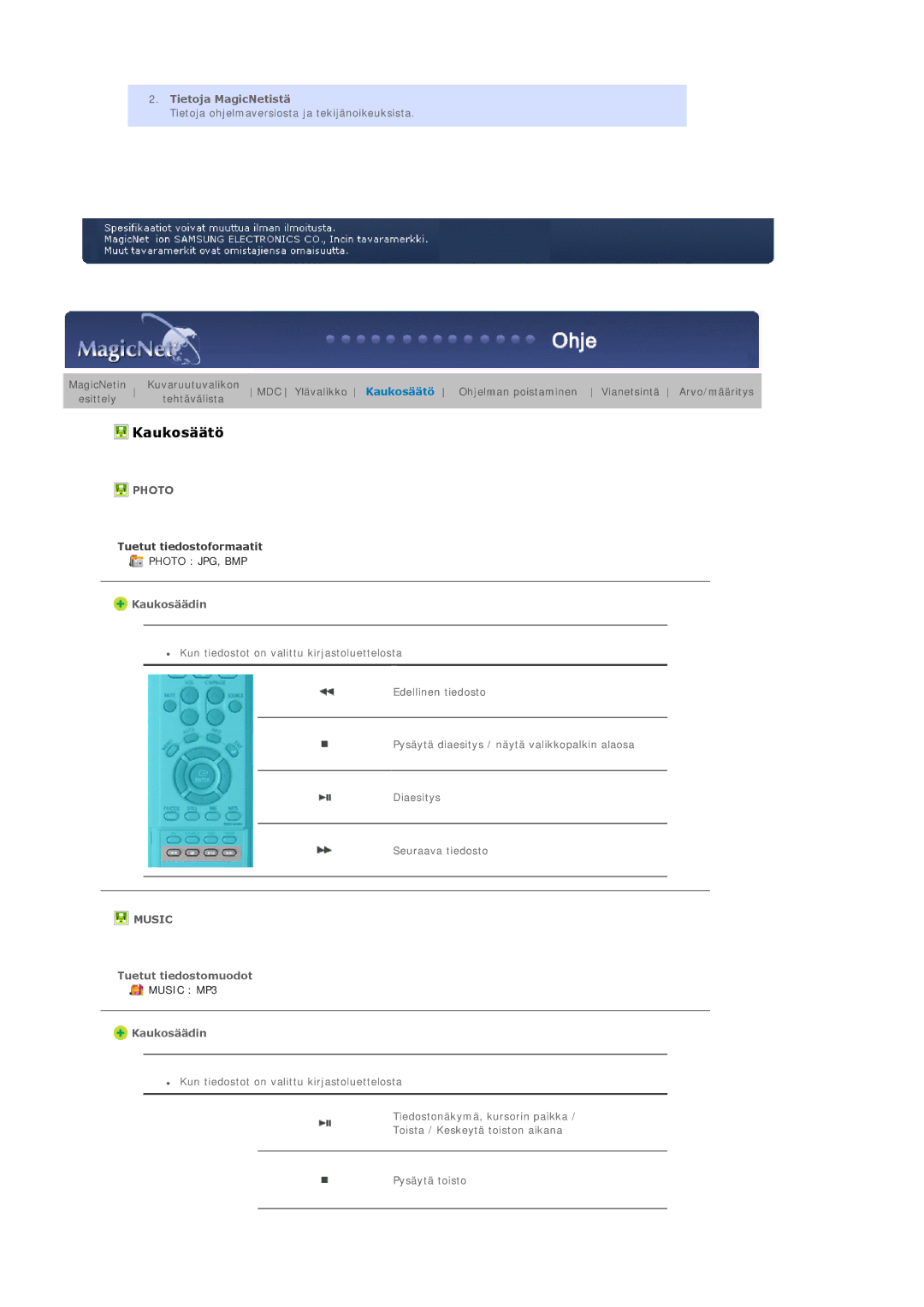 Samsung BE40TSNS/EDC, BE40PSNS/EDC, LS40BEPNSF/EDC manual Tietoja MagicNetistä, Kaukosäädin, Tuetut tiedostomuodot 