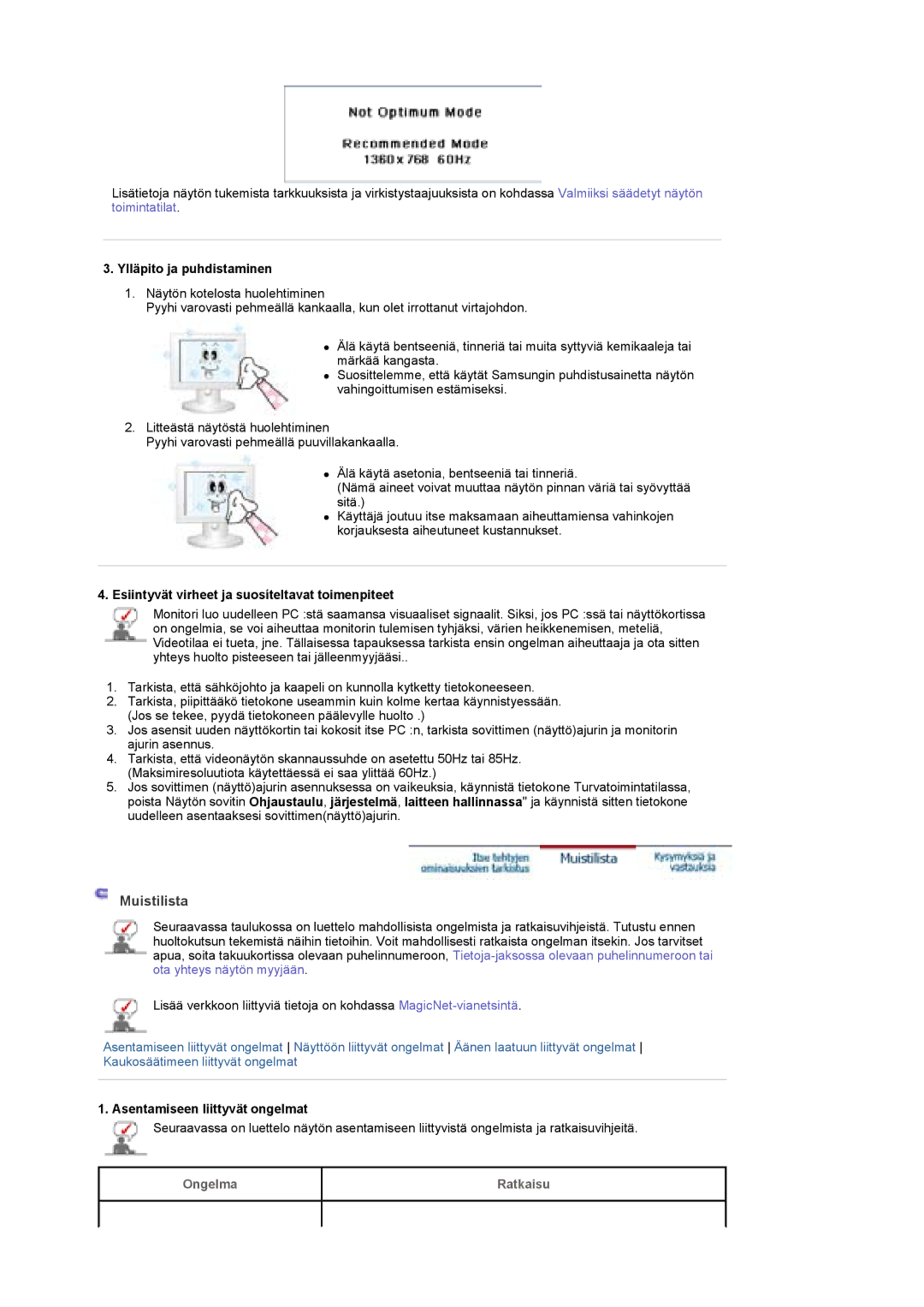 Samsung BE40TSNS/EDC, BE40PSNS/EDC manual Ylläpito ja puhdistaminen, Esiintyvät virheet ja suosíteltavat toimenpiteet 