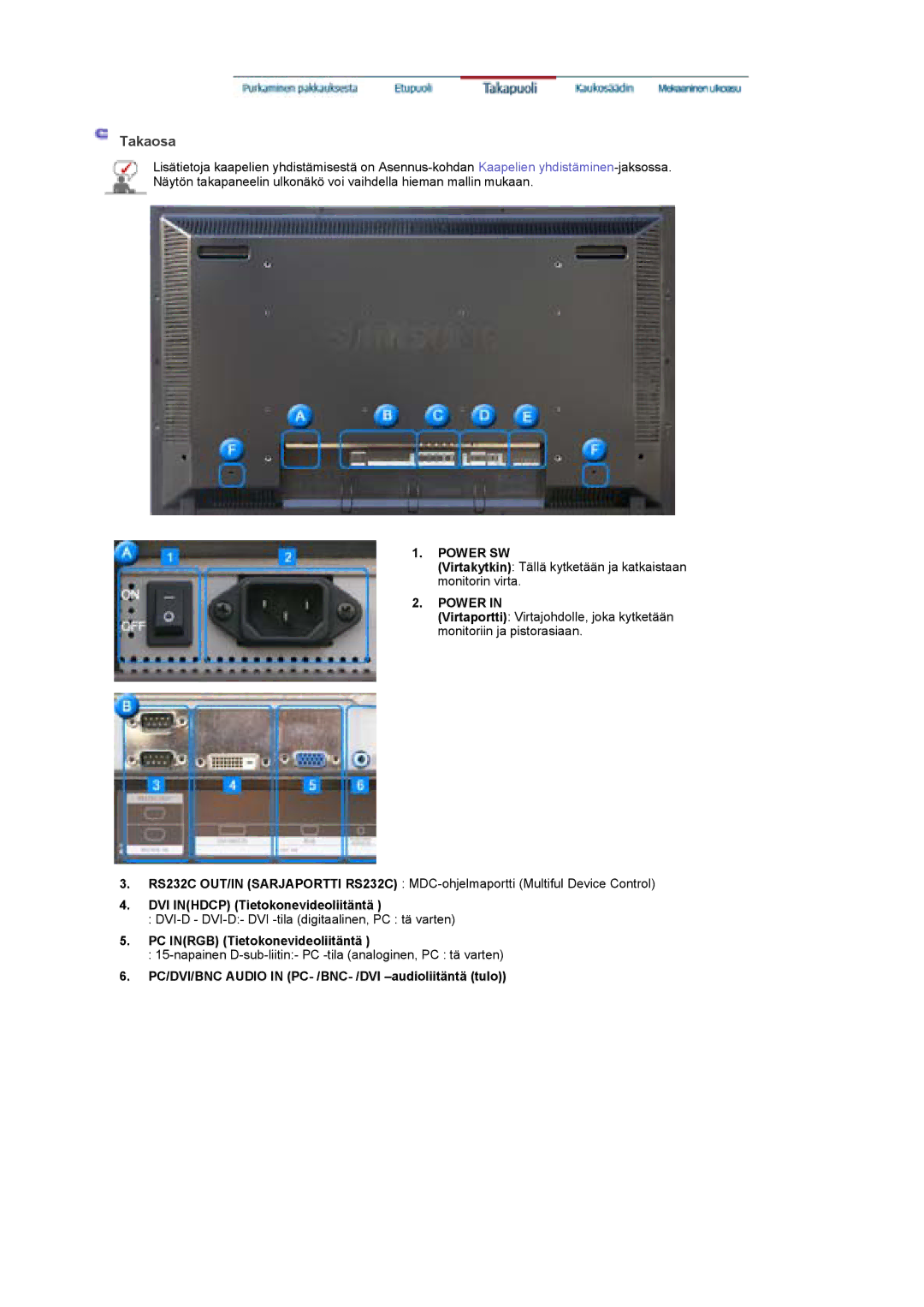 Samsung BE40TSNS/EDC, BE40PSNS/EDC, LS40BEPNSF/EDC manual DVI Inhdcp Tietokonevideoliitäntä, PC Inrgb Tietokonevideoliitäntä 