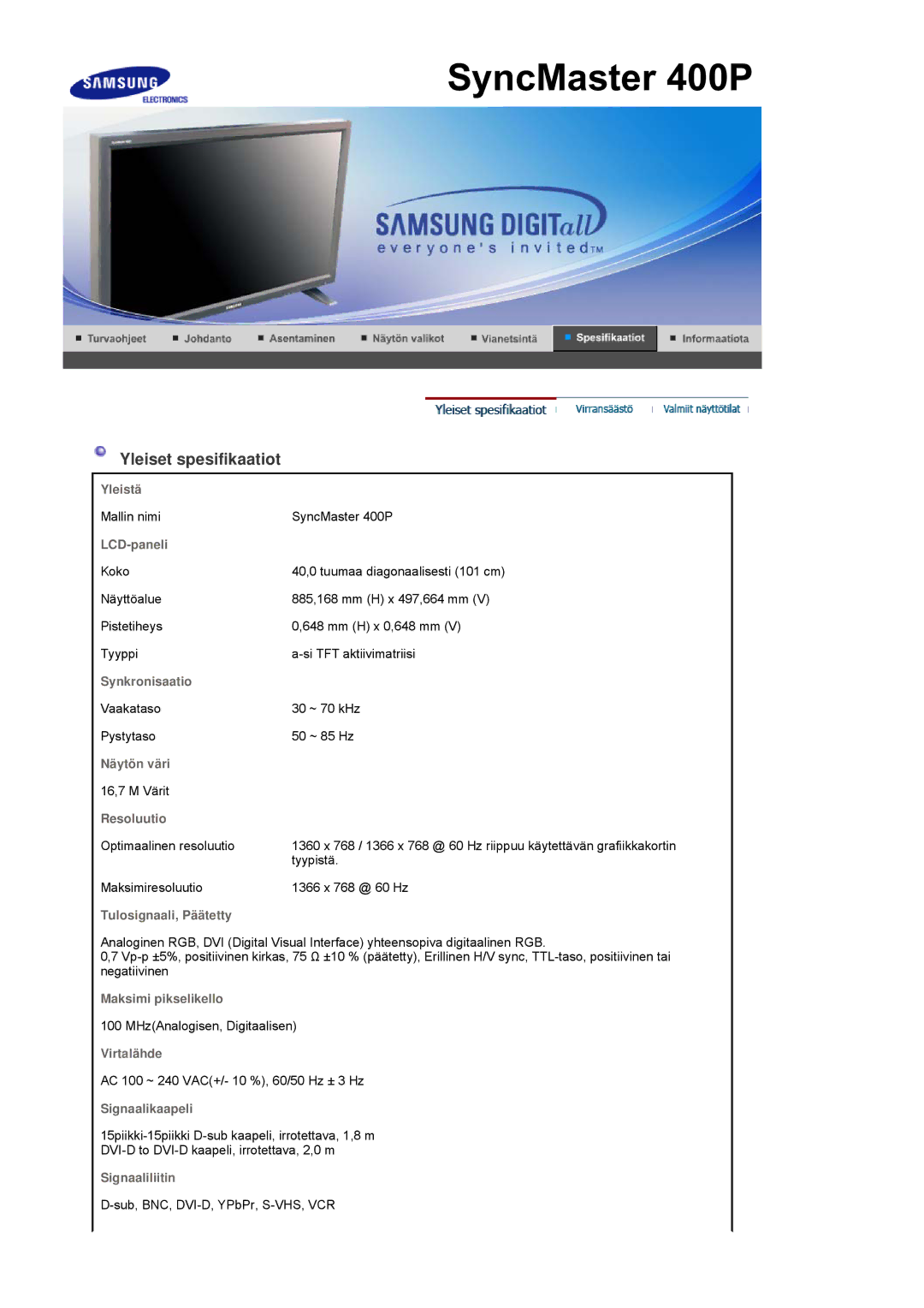 Samsung LS40BEPNSF/EDC, BE40PSNS/EDC, BE40TSNS/EDC manual Mallin nimi SyncMaster 400P 