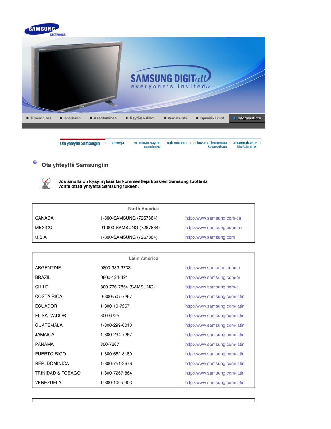 Samsung LS40BEPNSF/EDC, BE40PSNS/EDC, BE40TSNS/EDC manual Ota yhteyttä Samsungiin 