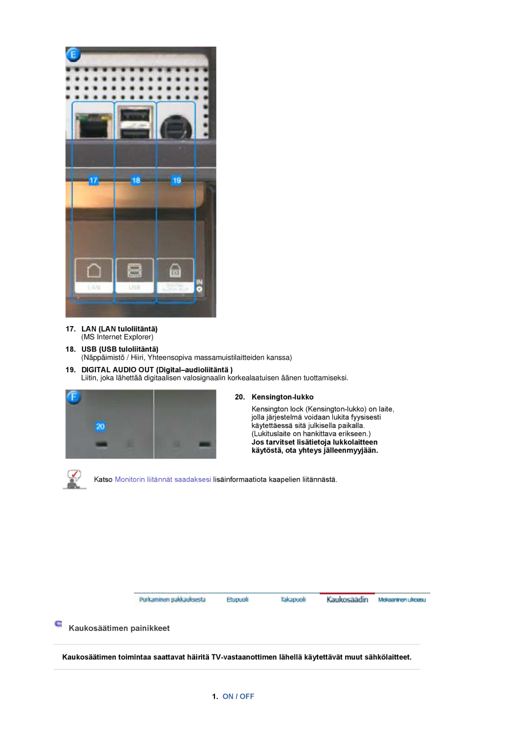 Samsung BE40PSNS/EDC, BE40TSNS/EDC, LS40BEPNSF/EDC manual Digital Audio OUT Digital-audioliitäntä, Kensington-lukko 