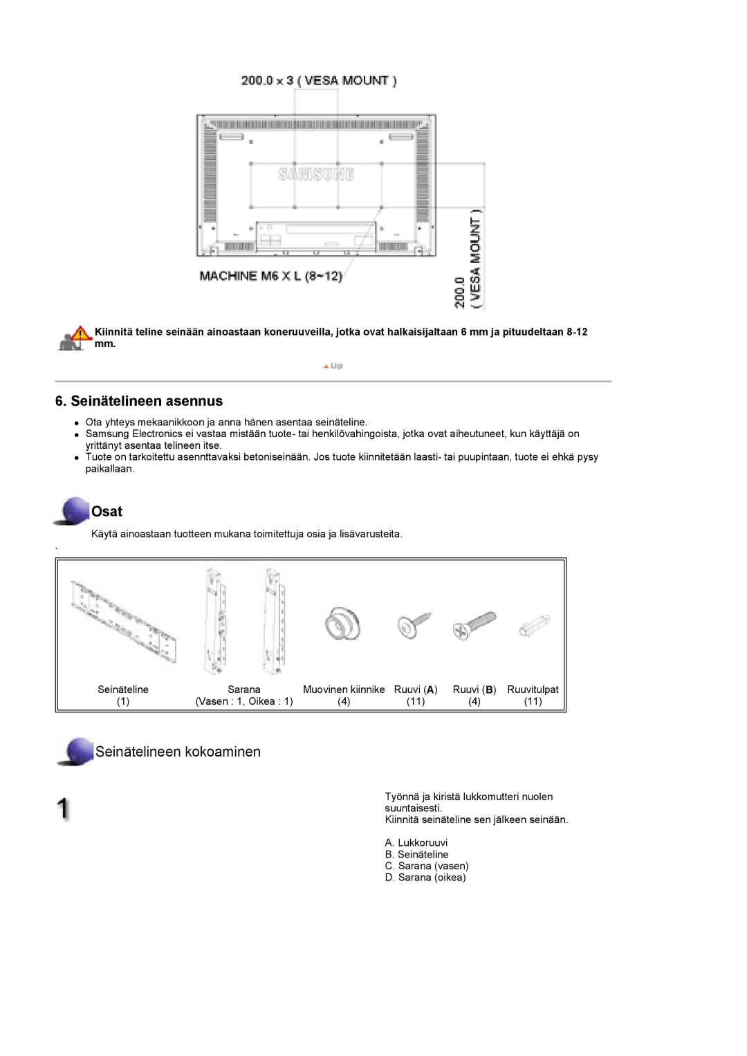 Samsung LS40BEPNSF/EDC, BE40PSNS/EDC, BE40TSNS/EDC manual Seinätelineen asennus 