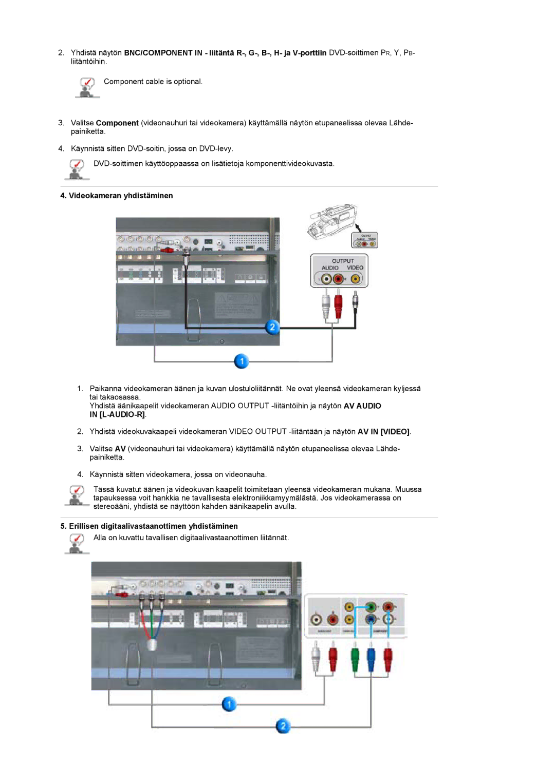 Samsung BE40TSNS/EDC, BE40PSNS/EDC manual Videokameran yhdistäminen, Erillisen digitaalivastaanottimen yhdistäminen 