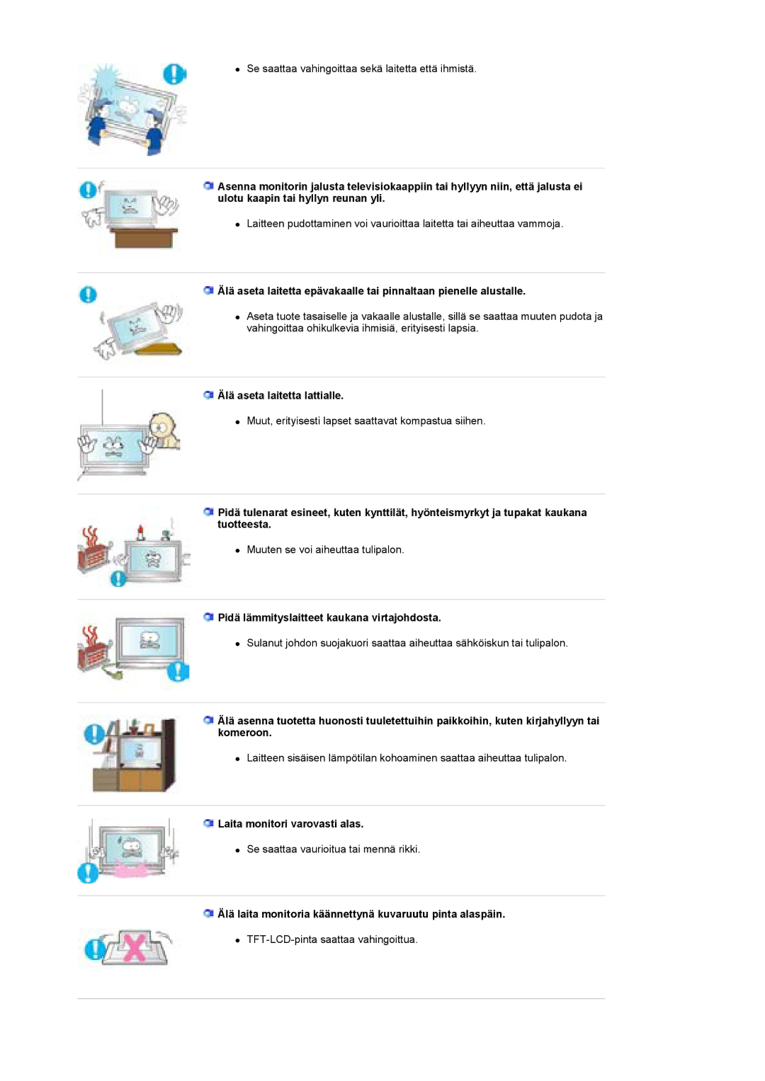 Samsung BE40TSNS/EDC, BE40PSNS/EDC manual Älä aseta laitetta lattialle, Pidä lämmityslaitteet kaukana virtajohdosta 