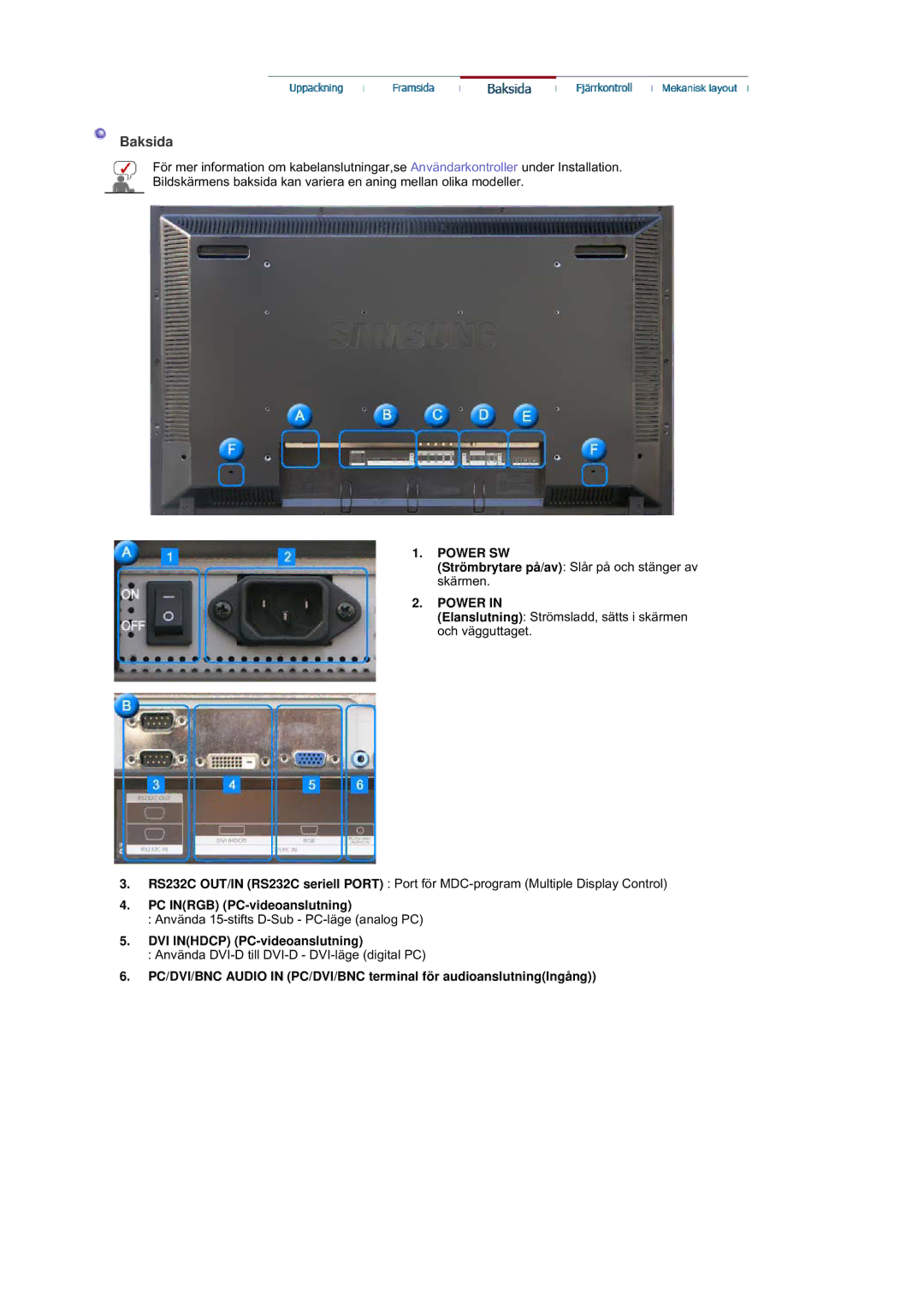 Samsung BE40TSNS/EDC, BE40PSNS/EDC, LS40BEPNSF/EDC manual Baksida, PC Inrgb PC-videoanslutning, DVI Inhdcp PC-videoanslutning 