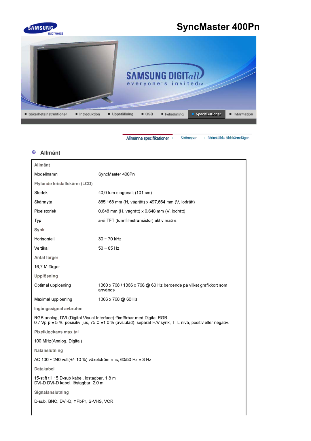 Samsung LS40BEPNSF/EDC, BE40PSNS/EDC, BE40TSNS/EDC manual Allmänt 