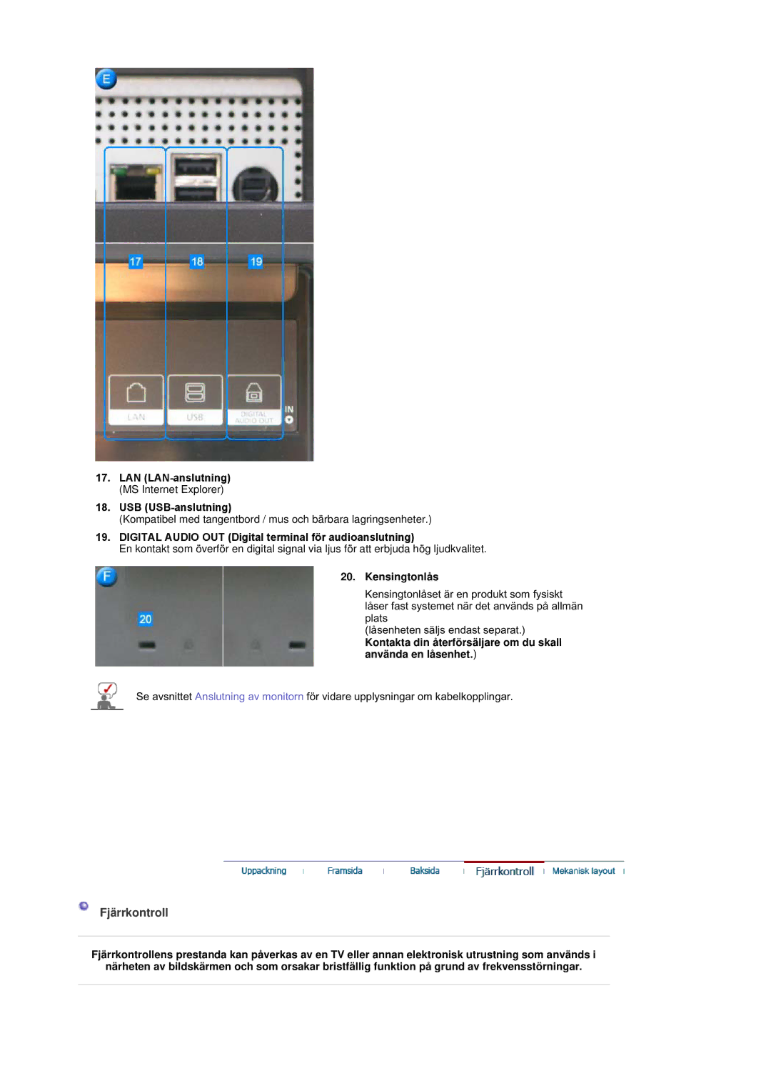 Samsung BE40PSNS/EDC manual Fjärrkontroll, LAN LAN-anslutning MS Internet Explorer USB USB-anslutning, Kensingtonlås 