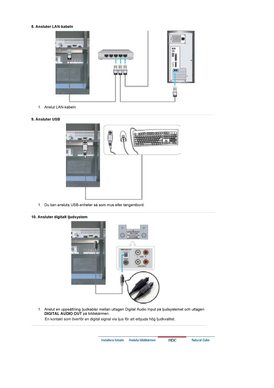 Samsung BE40PSNS/EDC, BE40TSNS/EDC, LS40BEPNSF/EDC manual Ansluter LAN-kabeln, Ansluter USB, Ansluter digitalt ljudsystem 