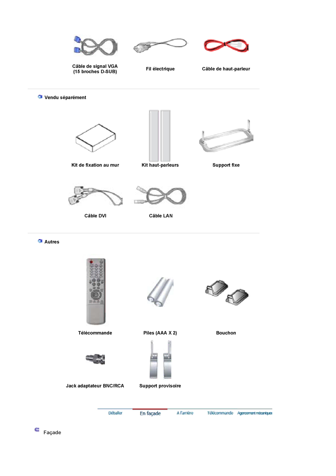 Samsung BE40TSNS/EDC, BE40PSNS/EDC manual Fil électrique, Vendu séparément Kit de fixation au mur Kit haut-parleurs 