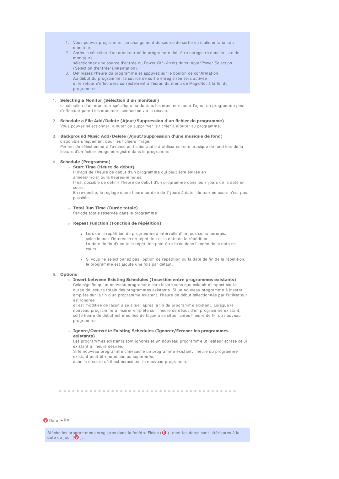 Samsung BE40TSNS/EDC manual Selecting a Monitor Sélection dun moniteur, Schedule Programme Start Time Heure de début 