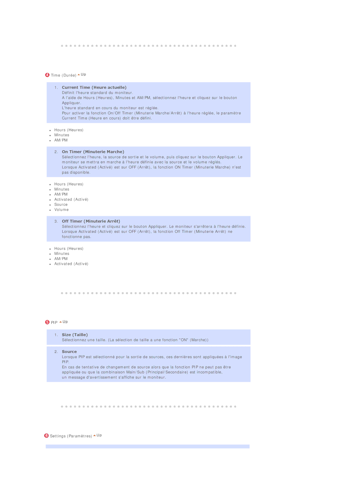 Samsung BE40PSNS/EDC, BE40TSNS/EDC manual On Timer Minuterie Marche, Off Timer Minuterie Arrêt, Size Taille, Source 