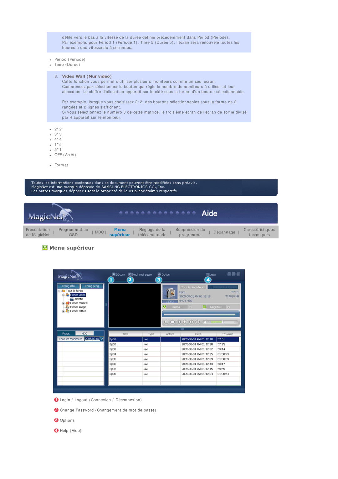 Samsung BE40PSNS/EDC, BE40TSNS/EDC manual Menu supérieur, Video Wall Mur vidéo 