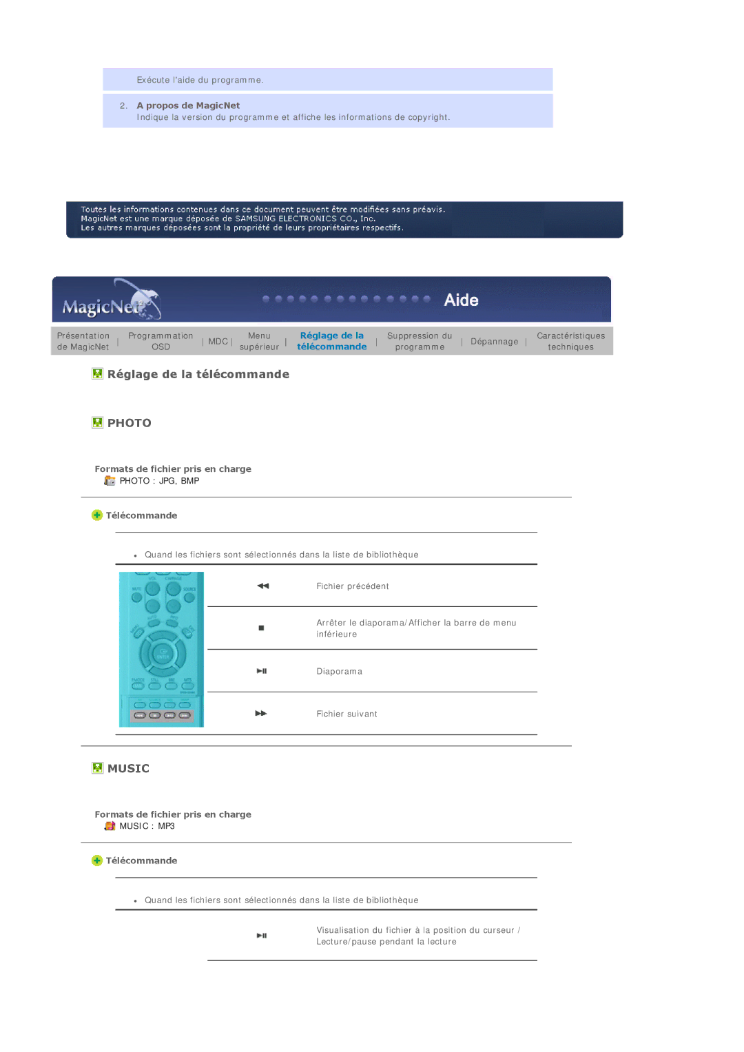 Samsung BE40TSNS/EDC, BE40PSNS/EDC manual Propos de MagicNet, Formats de fichier pris en charge, Télécommande 
