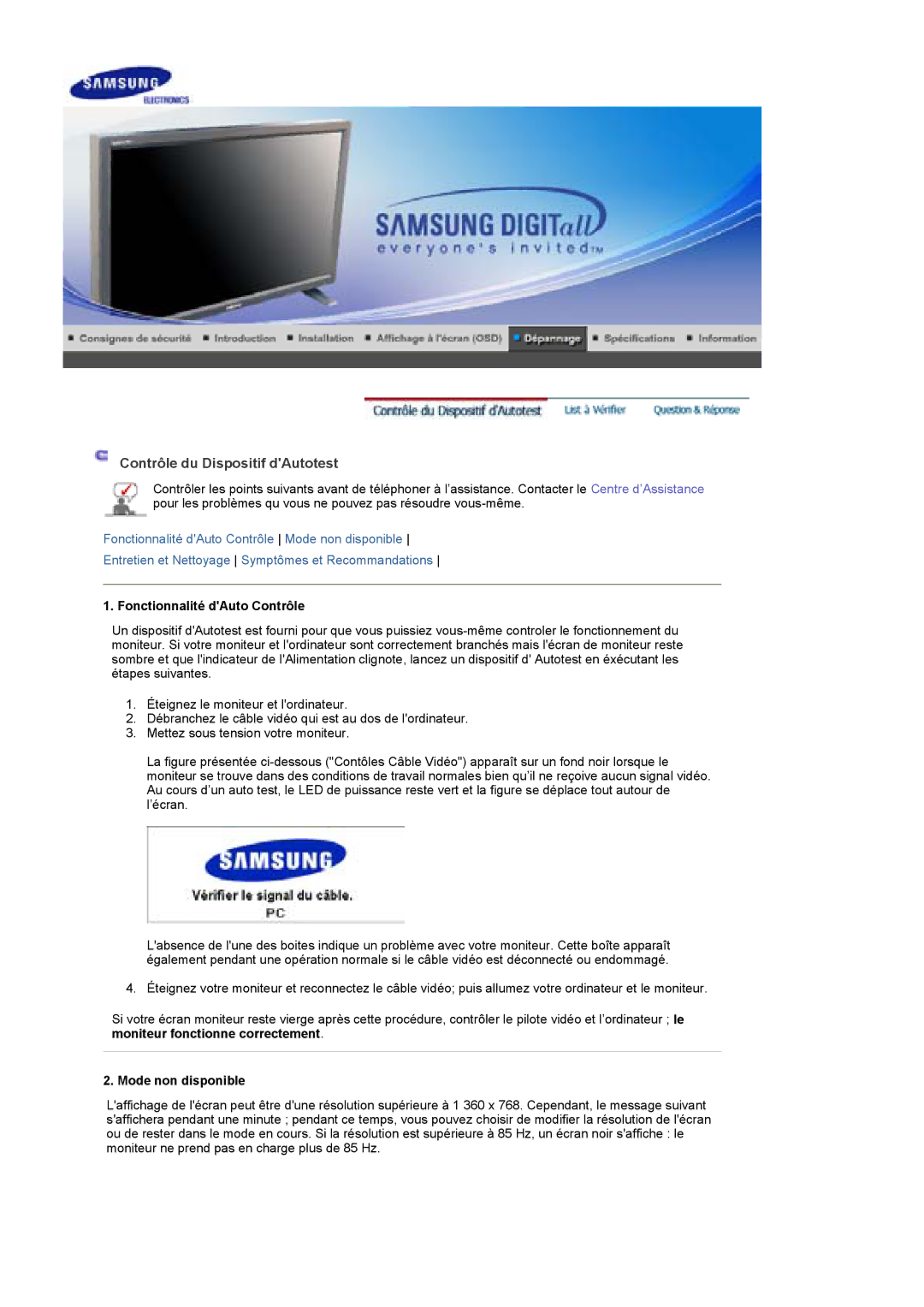 Samsung BE40PSNS/EDC, BE40TSNS/EDC manual Fonctionnalité dAuto Contrôle, Mode non disponible 