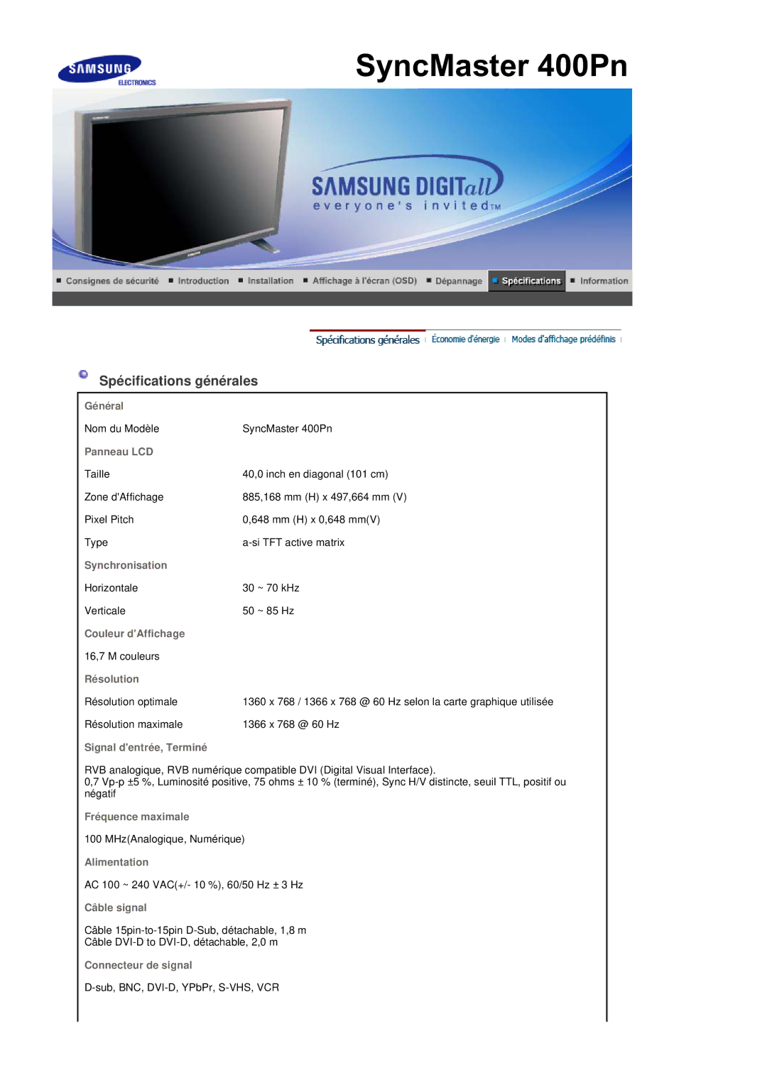 Samsung BE40PSNS/EDC, BE40TSNS/EDC manual Spécifications générales 