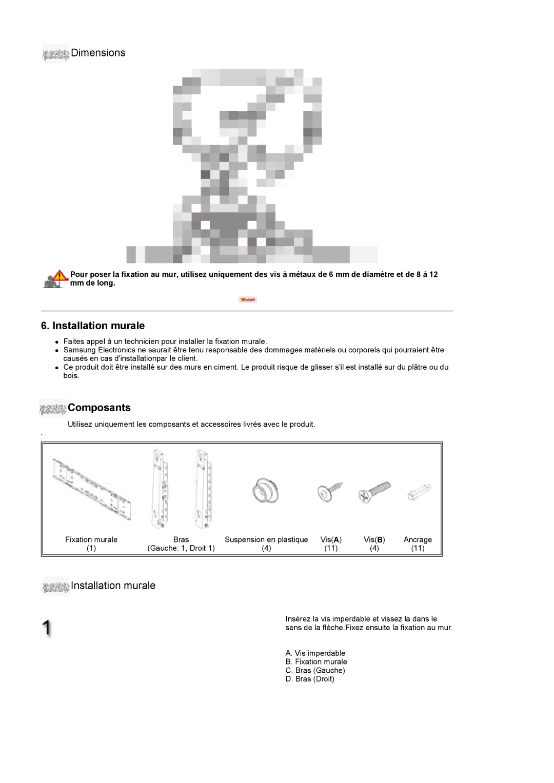 Samsung BE40TSNS/EDC, BE40PSNS/EDC manual Installation murale 