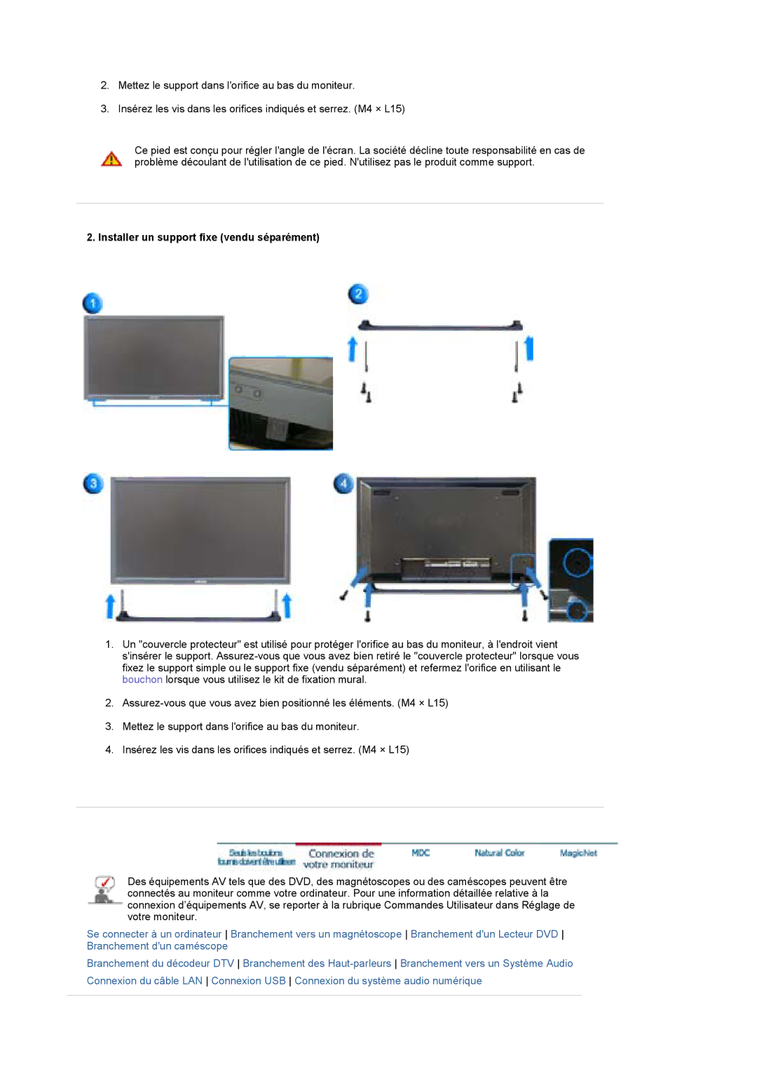 Samsung BE40PSNS/EDC, BE40TSNS/EDC manual Installer un support fixe vendu séparément 