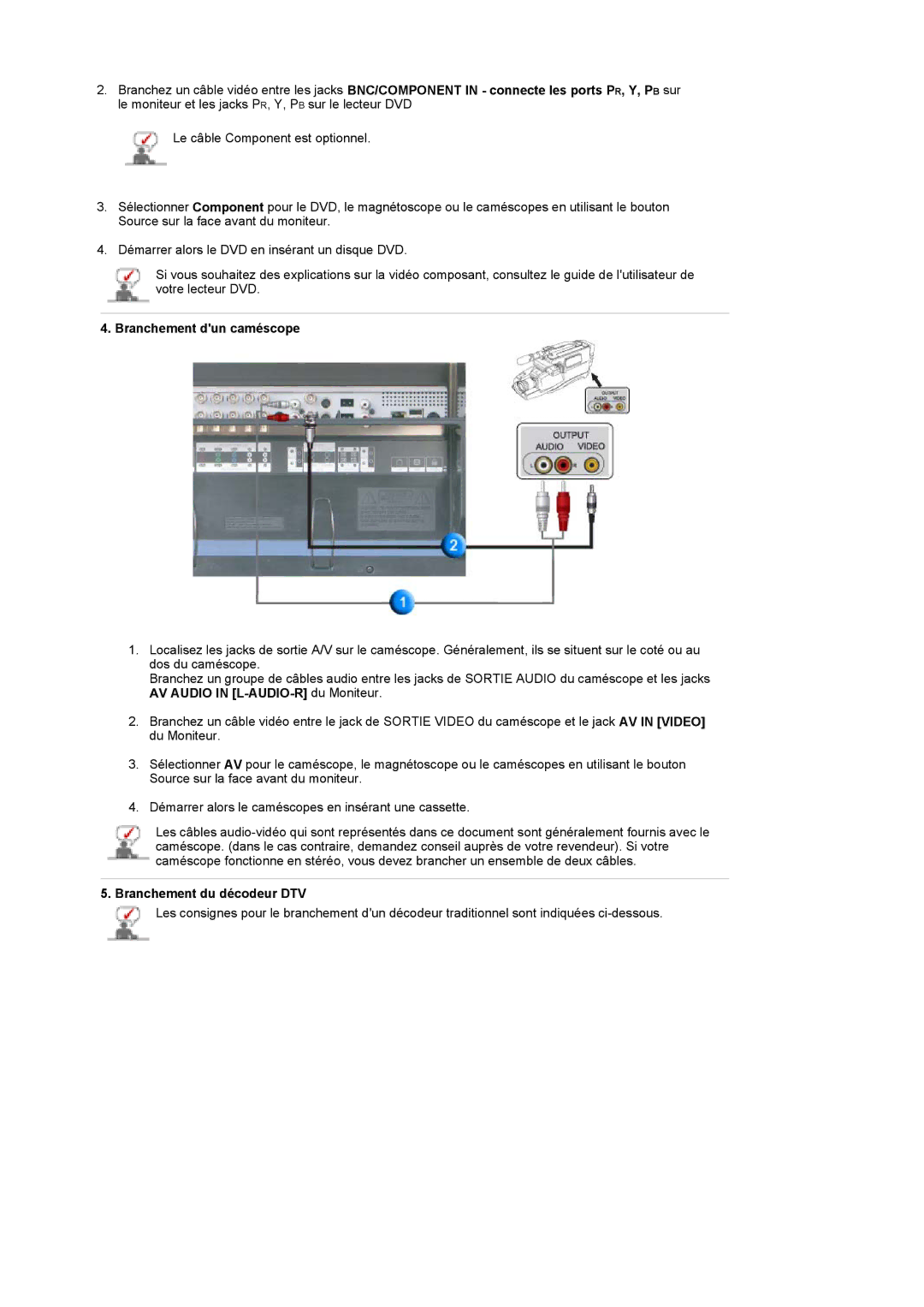 Samsung BE40TSNS/EDC manual Branchement dun caméscope, AV Audio in L-AUDIO-R du Moniteur, Branchement du décodeur DTV 