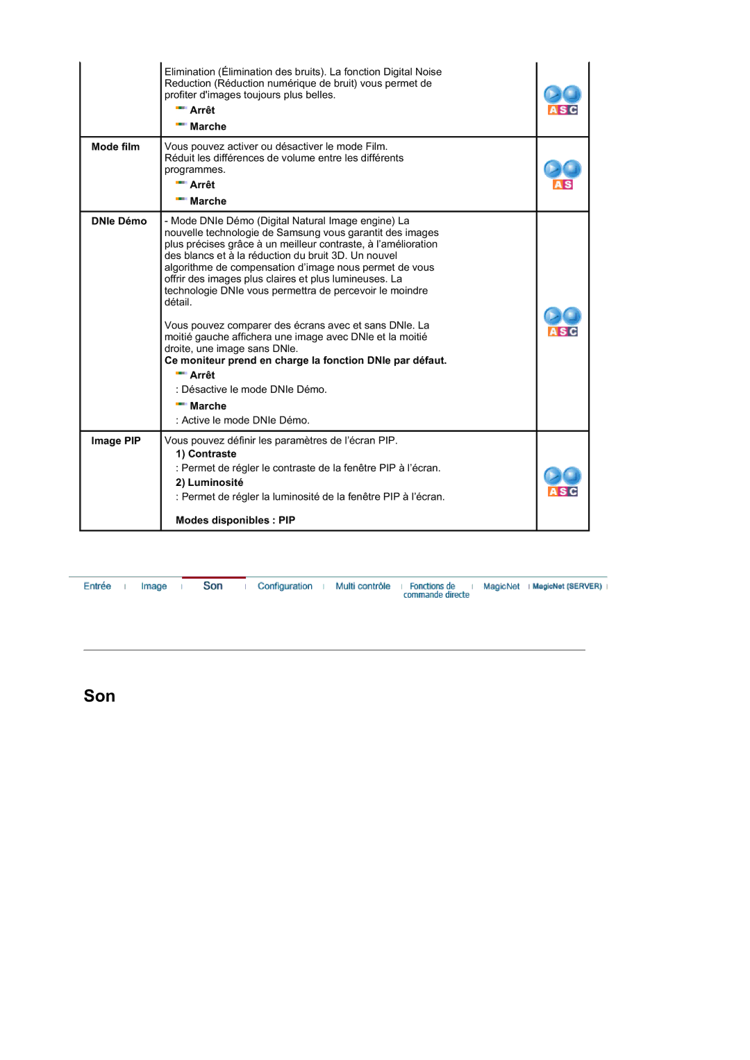 Samsung BE40PSNS/EDC, BE40TSNS/EDC manual Son, Arrêt Marche 