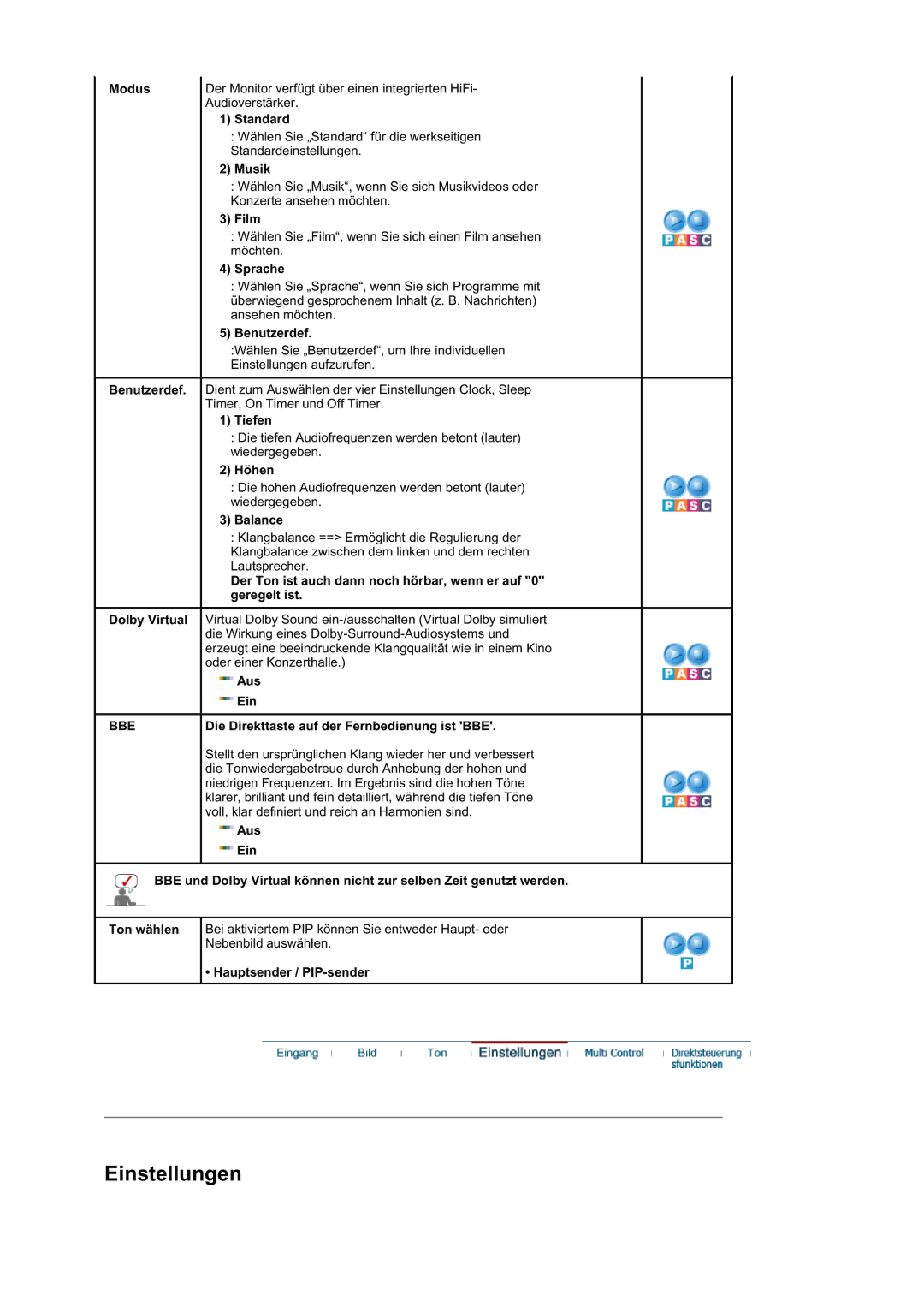 Samsung BE40PSNS/EDC, BE40TSNS/EDC manual Einstellungen 