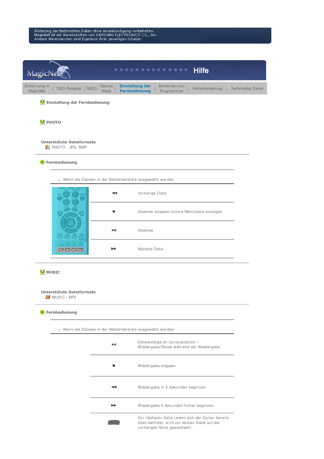 Samsung BE40PSNS/EDC, BE40TSNS/EDC manual Einstellung der Fernbedienung, Unterstützte Dateiformate 