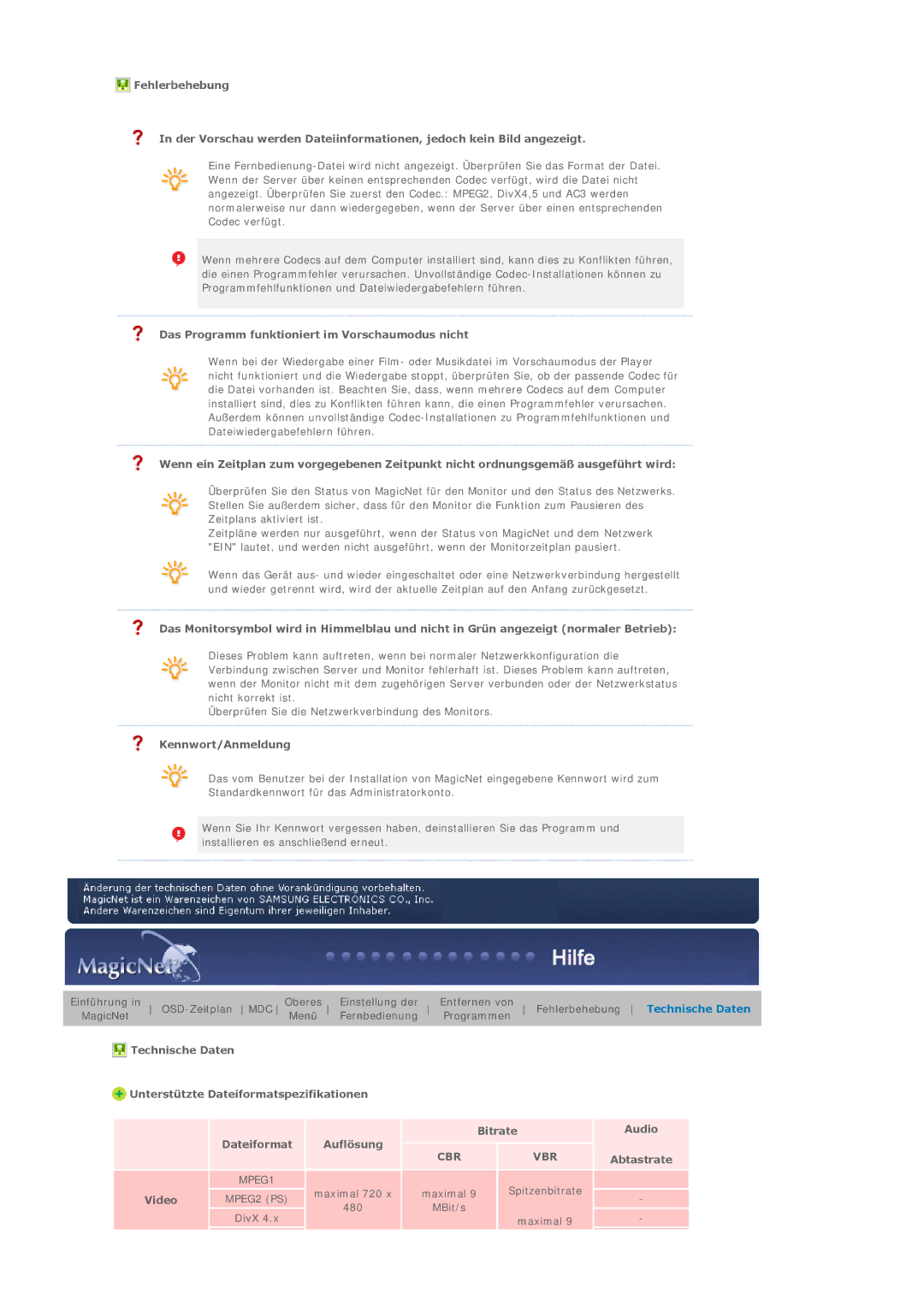 Samsung BE40TSNS/EDC, BE40PSNS/EDC Das Programm funktioniert im Vorschaumodus nicht, Kennwort/Anmeldung, Auflösung, Video 