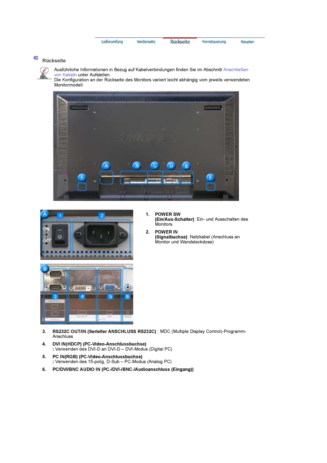 Samsung BE40TSNS/EDC manual PC Inrgb PC-Video-Anschlussbuchse, PC/DVI/BNC Audio in PC-/DVI-/BNC-/Audioanschluss Eingang 