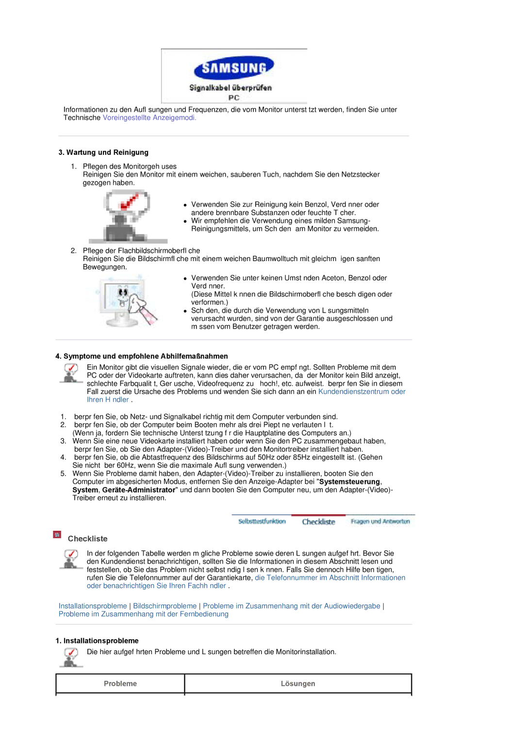 Samsung BE40PSNS/EDC, BE40TSNS/EDC Wartung und Reinigung, Symptome und empfohlene Abhilfemaßnahmen, Installationsprobleme 