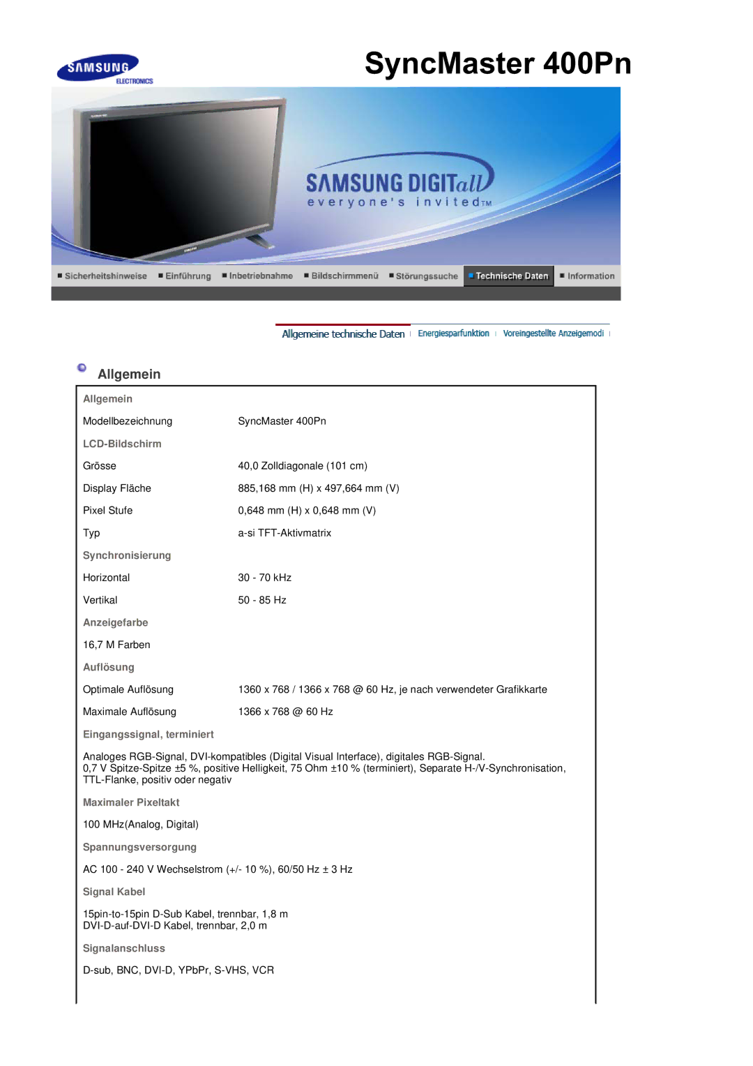 Samsung BE40PSNS/EDC, BE40TSNS/EDC manual Allgemein 